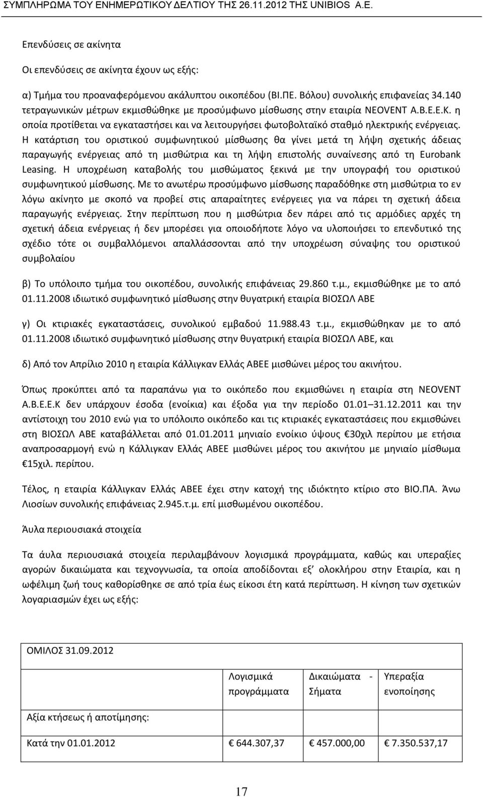 Η κατάρτιση του οριστικού συμφωνητικού μίσθωσης θα γίνει μετά τη λήψη σχετικής άδειας παραγωγής ενέργειας από τη μισθώτρια και τη λήψη επιστολής συναίνεσης από τη Eurobank Leasing.