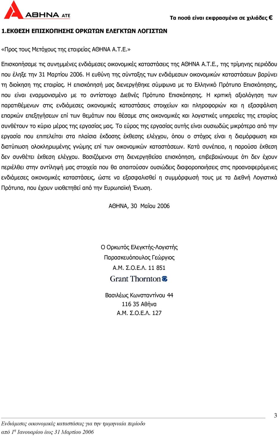 Η επισκόπησή µας διενεργήθηκε σύµφωνα µε το Ελληνικό Πρότυπο Επισκόπησης, που είναι εναρµονισµένο µε το αντίστοιχο ιεθνές Πρότυπο Επισκόπησης.