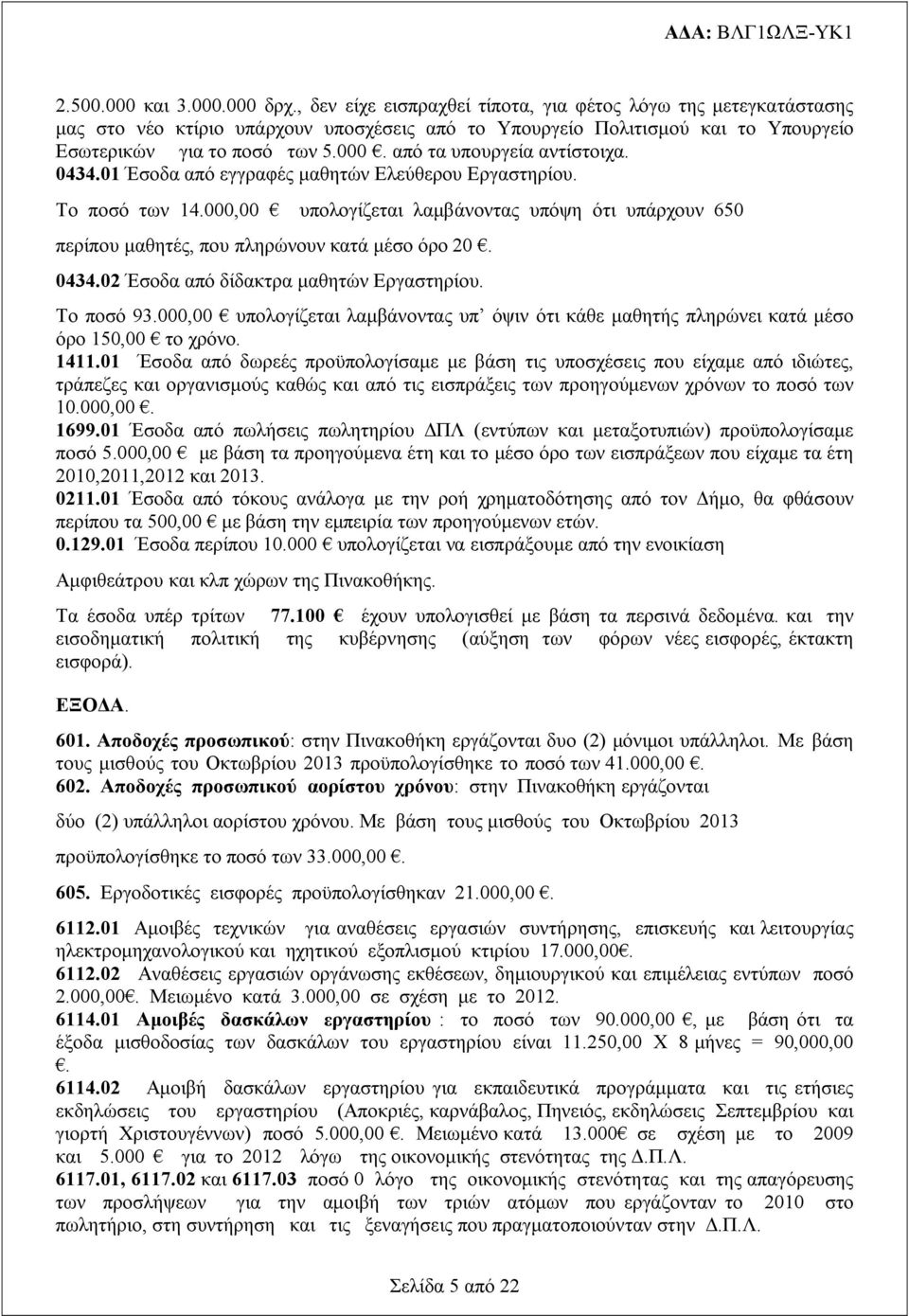 από τα υπουργεία αντίστοιχα. 0434.01 Έσοδα από εγγραφές μαθητών Ελεύθερου Εργαστηρίου. Το ποσό των 14.