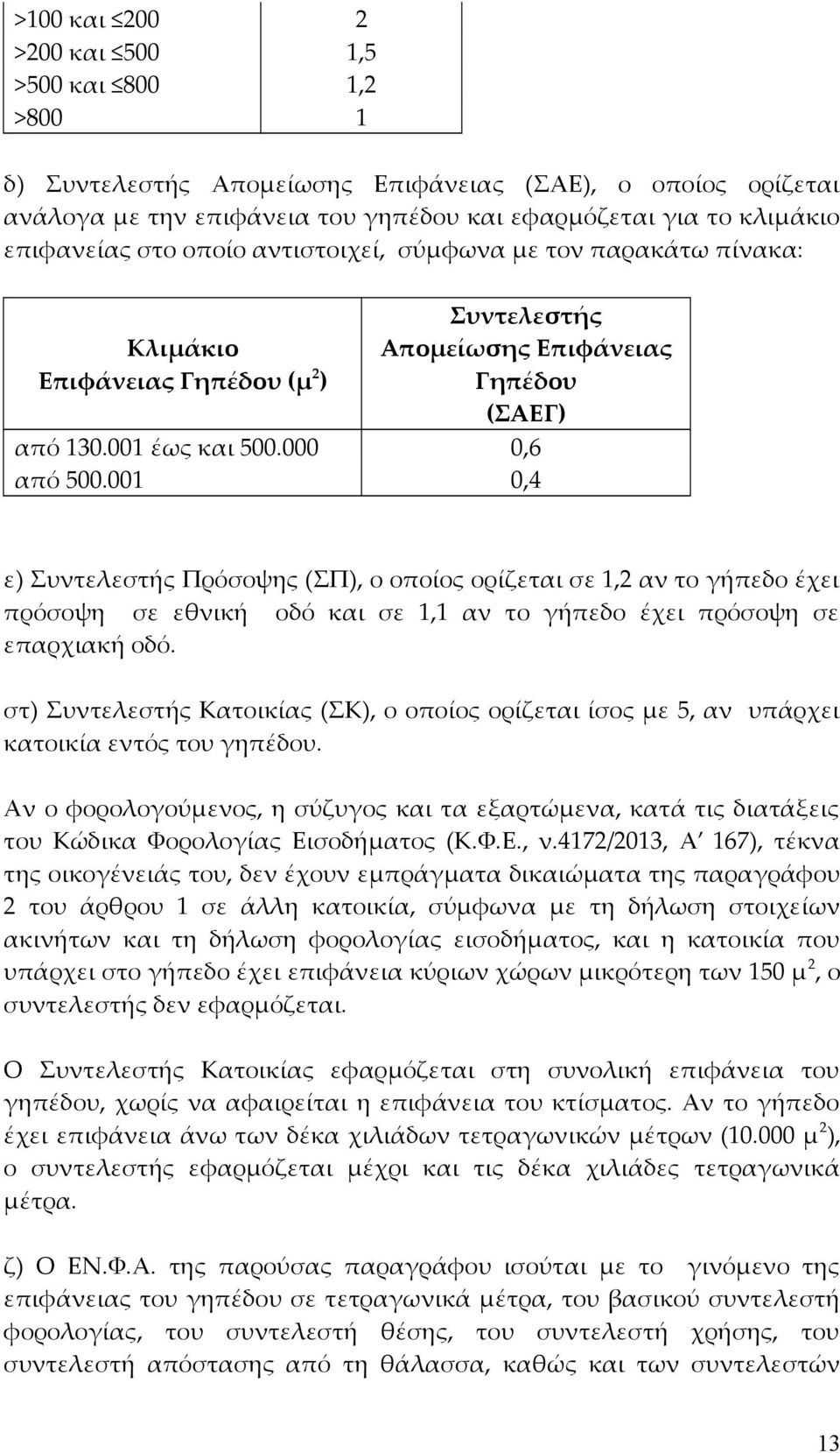 001 0,4 ε) Συντελεστής Πρόσοψης (ΣΠ), ο οποίος ορίζεται σε 1,2 αν το γήπεδο έχει πρόσοψη σε εθνική οδό και σε 1,1 αν το γήπεδο έχει πρόσοψη σε επαρχιακή οδό.