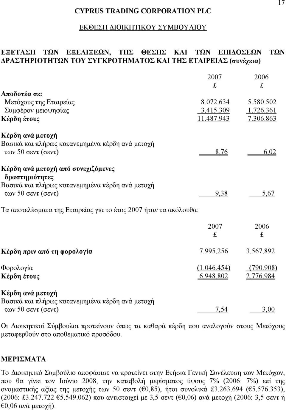 863 Κέρδη ανά μετοχή Βασικά και πλήρως κατανεμημένα κέρδη ανά μετοχή των 50 σεντ (σεντ) 8,76 6,02 Κέρδη ανά μετοχή από συνεχιζόμενες δραστηριότητες Βασικά και πλήρως κατανεμημένα κέρδη ανά μετοχή των