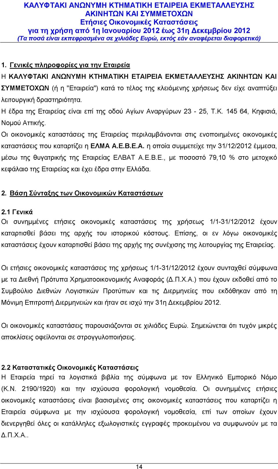 δραστηριότητα. Η έδρα της Εταιρείας είναι επί της οδού Αγίων Αναργύρων 23-25, Τ.Κ. 145 64, Κηφισιά, Νομού Αττικής.