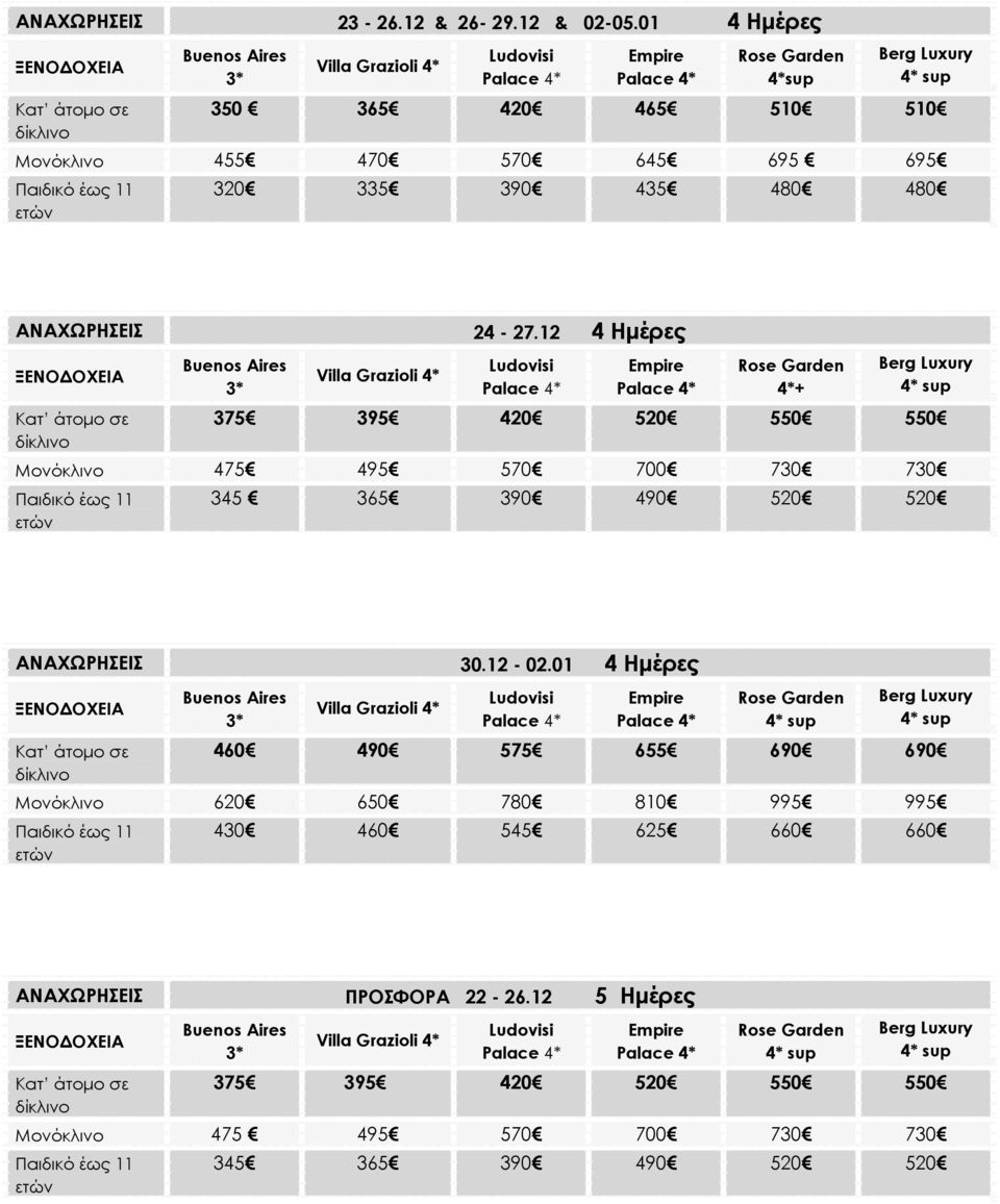 12 4 Ημέρες 4*+ 375 395 420 520 550 550 Μονόκλινο 475 495 570 700 730 730 345 365 390 490 520 520 ΑΝΑΧΩΡΗΣΕΙΣ 30.12-02.