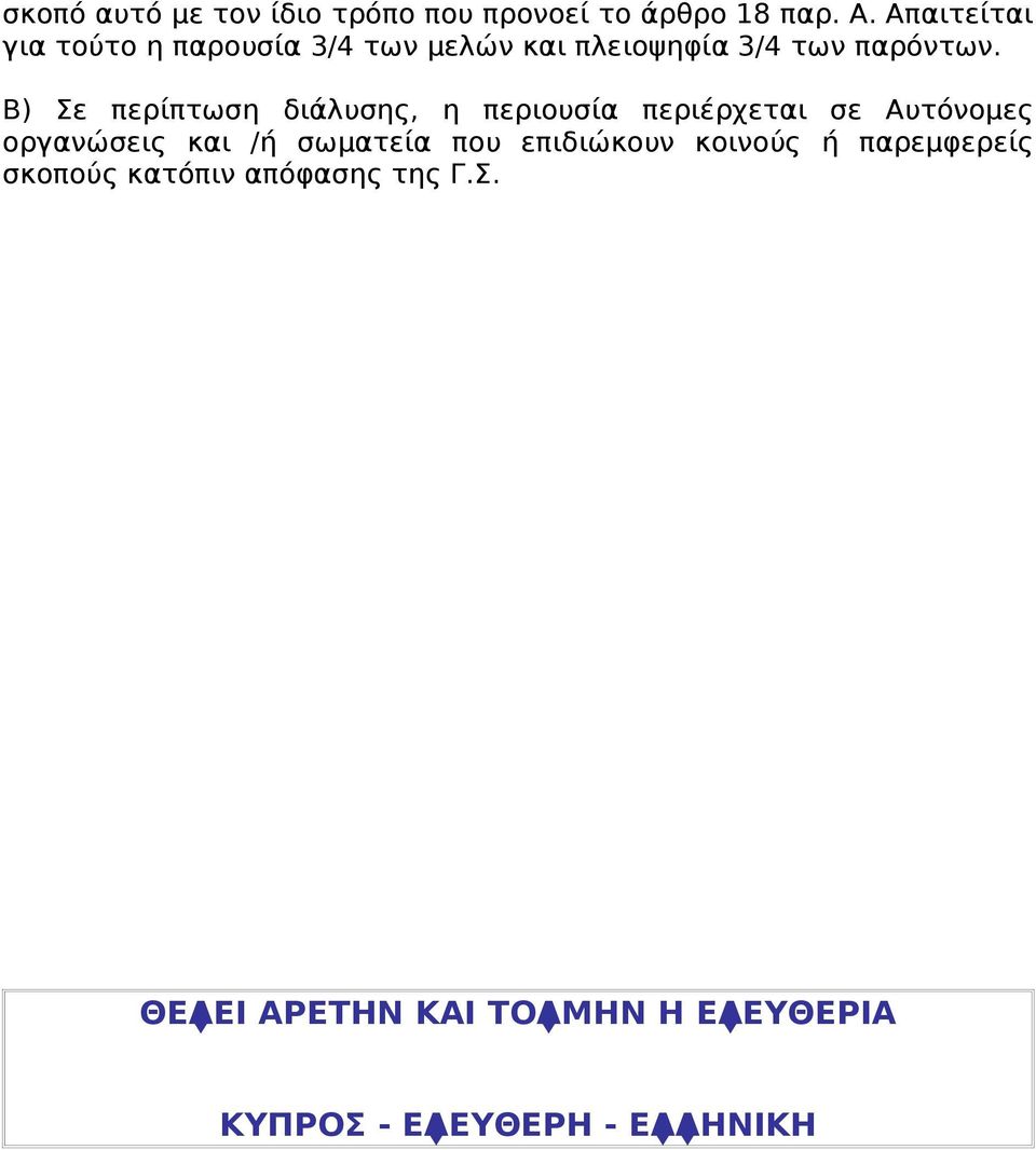 Β) Σε περίπτωση διάλυσης, η περιουσία περιέρχεται σε Αυτόνομες οργανώσεις και /ή σωματεία