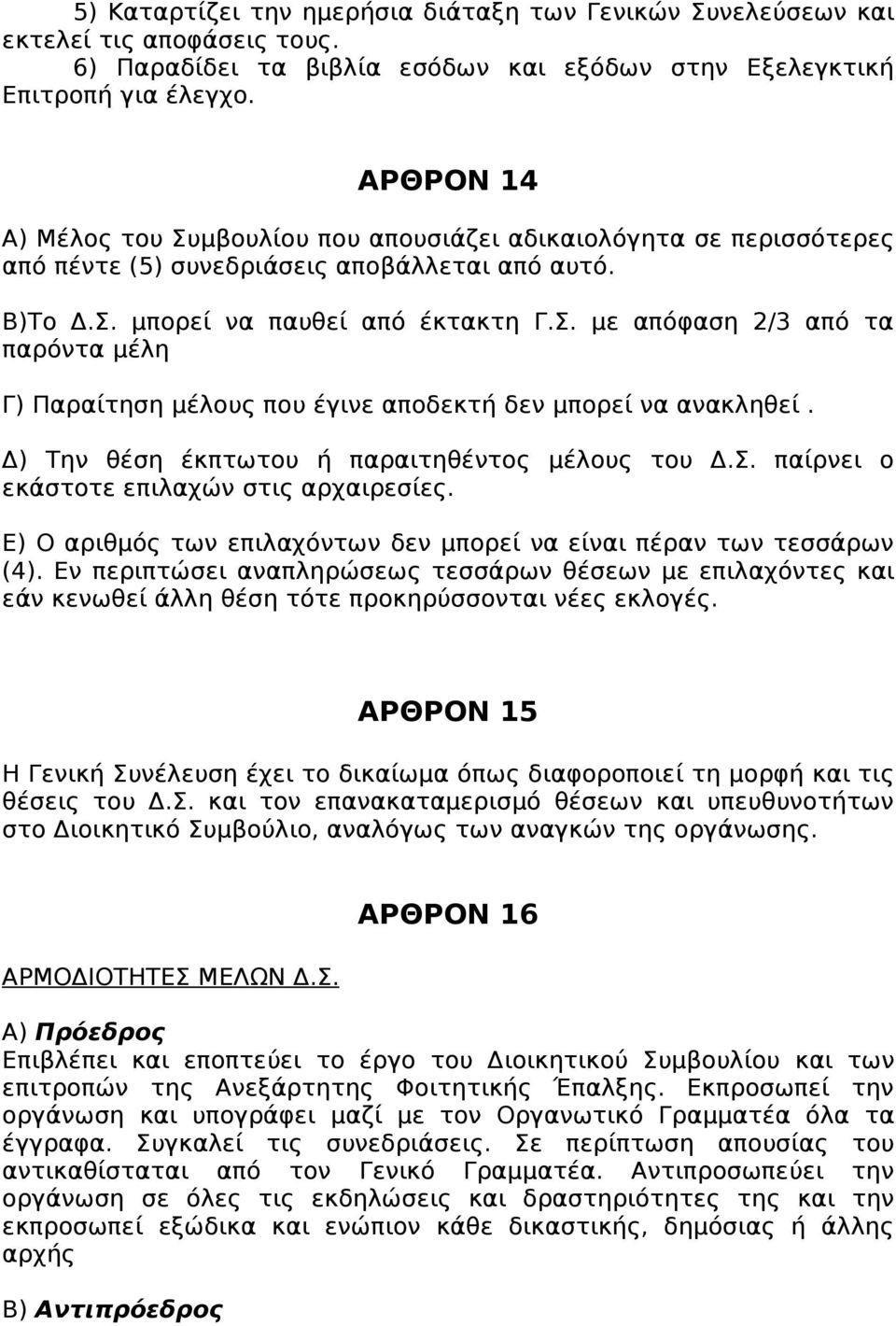 Δ) Την θέση έκπτωτου ή παραιτηθέντος μέλους του Δ.Σ. παίρνει ο εκάστοτε επιλαχών στις αρχαιρεσίες. Ε) Ο αριθμός των επιλαχόντων δεν μπορεί να είναι πέραν των τεσσάρων (4).