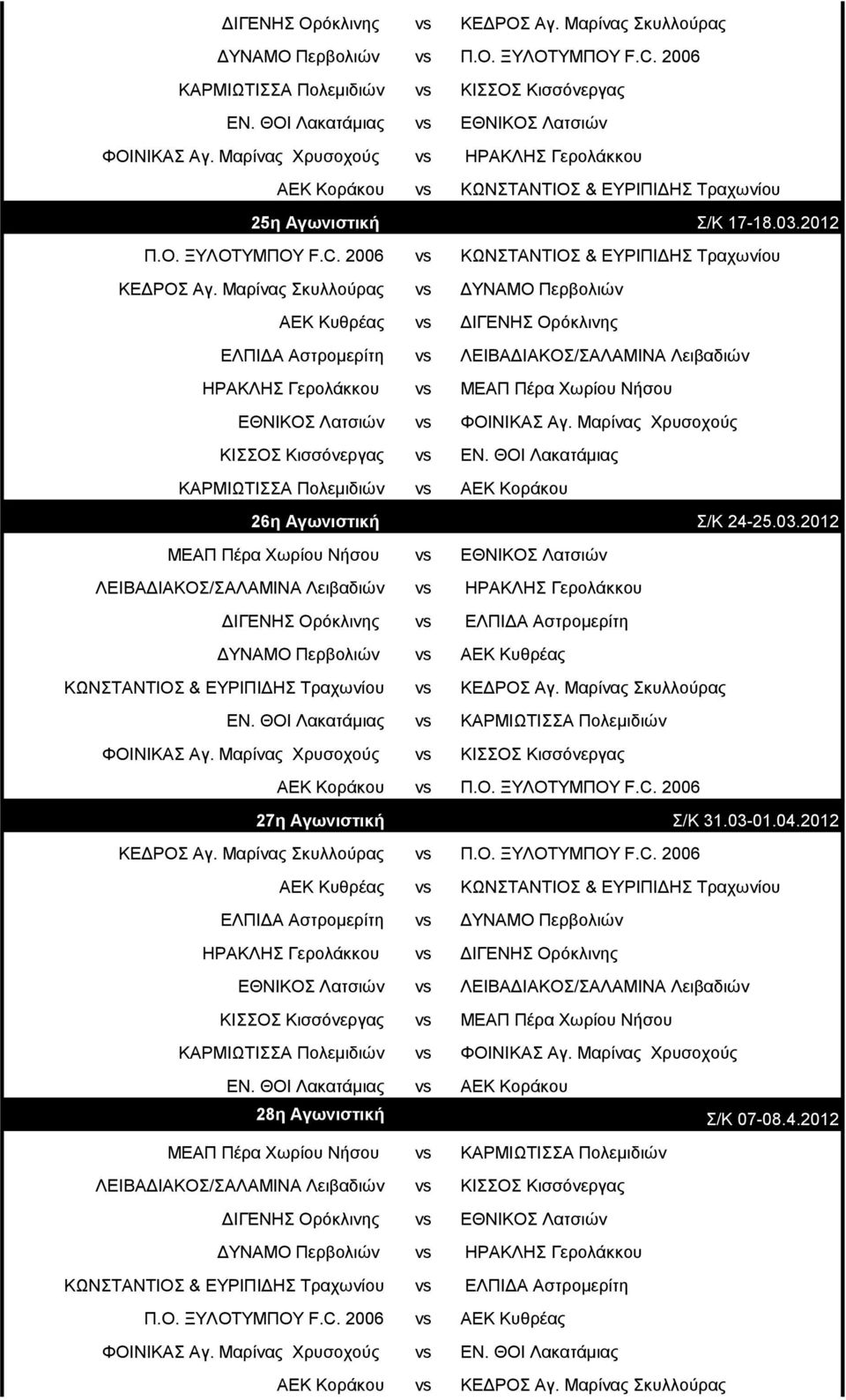 Μαρίνας κσλλούρας vs ΓΤΝΑΜΟ Περβολιών ΑΔΚ Κσθρέας vs ΓΙΓΔΝΗ Ορόκλινης ΔΛΠΙΓΑ Αζηρομερίηη vs ΛΔΙΒΑΓΙΑΚΟ/ΑΛΑΜΙΝΑ Λειβαδιών ΗΡΑΚΛΗ Γερολάκκοσ vs ΜΔΑΠ Πέρα Υωρίοσ Νήζοσ ΔΘΝΙΚΟ Λαηζιών vs ΦΟΙΝΙΚΑ Αγ.