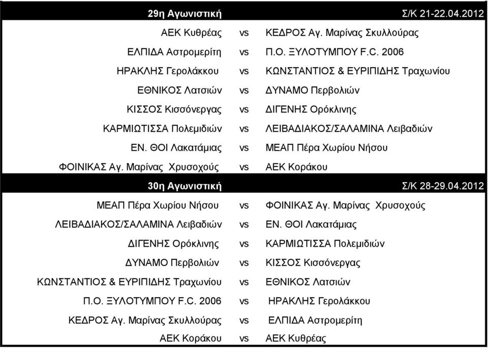 ΘΟΙ Λακαηάμιας vs ΜΔΑΠ Πέρα Υωρίοσ Νήζοσ ΦΟΙΝΙΚΑ Αγ. Μαρίνας Υρσζοτούς vs ΑΔΚ Κοράκοσ 30η Αγωνιστική /Κ 28-29.04.2012 ΜΔΑΠ Πέρα Υωρίοσ Νήζοσ vs ΦΟΙΝΙΚΑ Αγ.