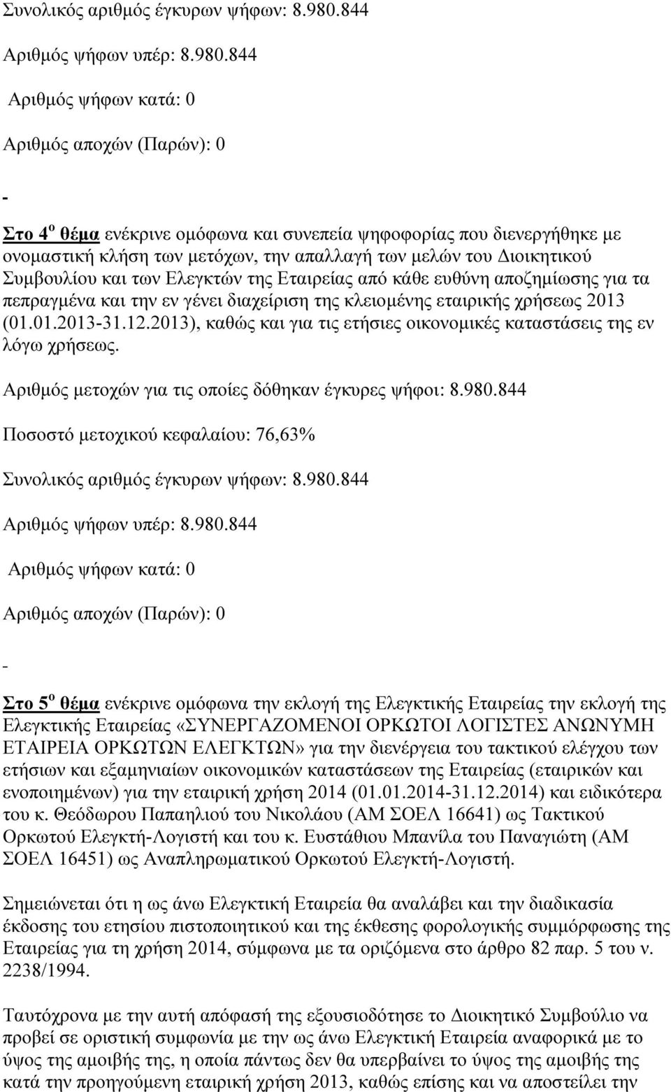 Στο 5 ο θέµα ενέκρινε οµόφωνα την εκλογή της Ελεγκτικής Εταιρείας την εκλογή της Ελεγκτικής Εταιρείας «ΣΥΝΕΡΓΑΖΟΜΕΝΟΙ ΟΡΚΩΤΟΙ ΛΟΓΙΣΤΕΣ ΑΝΩΝΥΜΗ ΕΤΑΙΡΕΙΑ ΟΡΚΩΤΩΝ ΕΛΕΓΚΤΩΝ» για την διενέργεια του