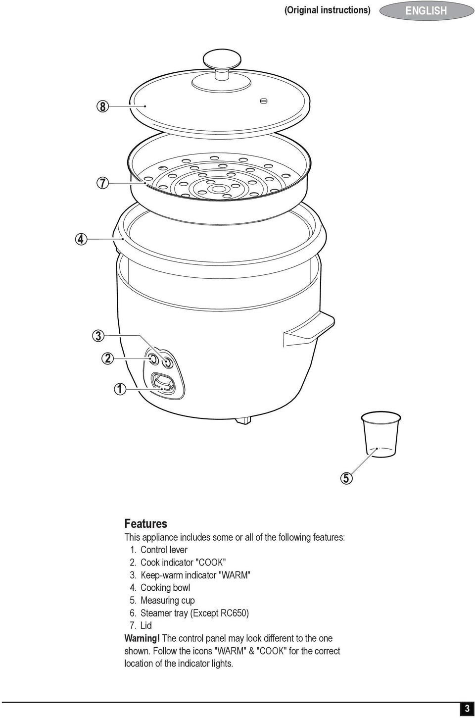 Measuring cup 6. Steamer tray (Except RC650) 7. Lid Warning!