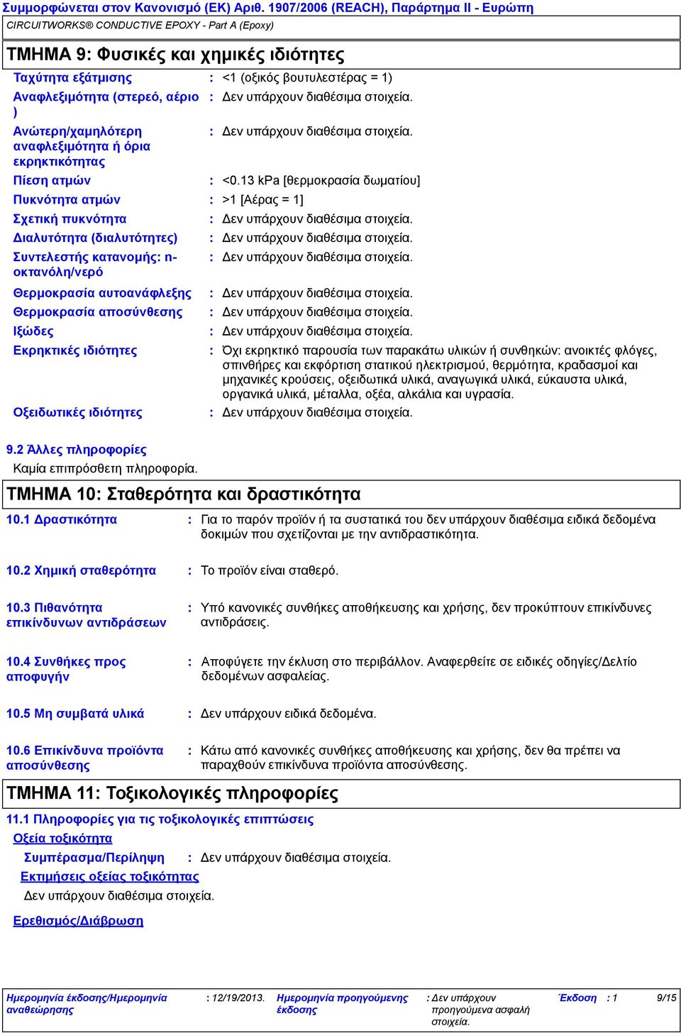 13 kpa [θερμοκρασία δωματίου] >1 [Αέρας = 1] Όχι εκρηκτικό παρουσία των παρακάτω υλικών ή συνθηκών ανοικτές φλόγες, σπινθήρες και εκφόρτιση στατικού ηλεκτρισμού, θερμότητα, κραδασμοί και μηχανικές