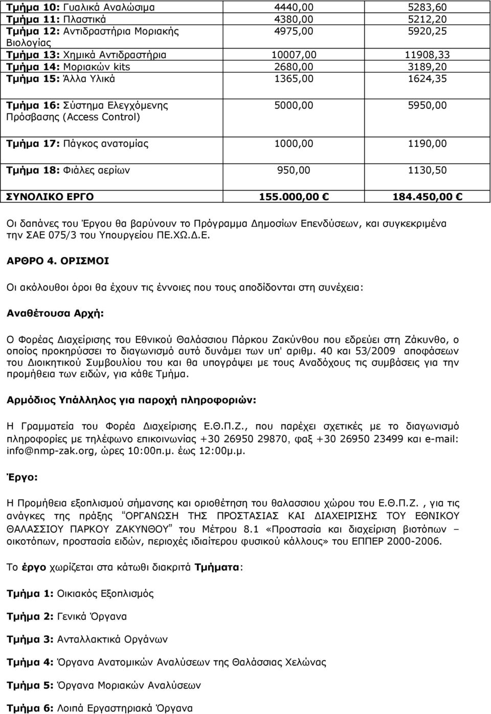 αερίων 950,00 1130,50 ΣΥΝΟΛΙΚΟ ΕΡΓΟ 155.000,00 184.450,00 Οι δαπάνες του Έργου θα βαρύνουν το Πρόγραμμα Δημοσίων Επενδύσεων, και συγκεκριμένα την ΣΑΕ 075/3 του Υπουργείου ΠΕ.ΧΩ.Δ.Ε. ΑΡΘΡΟ 4.