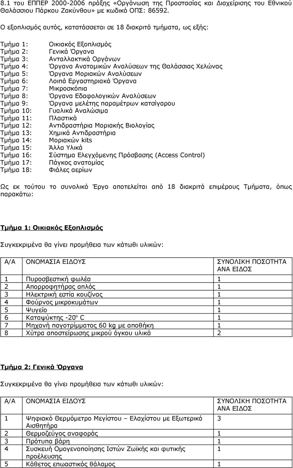 Τμήμα 15: Τµήµα 16: Τμήμα 17: Τµήµα 18: Οικιακός Εξοπλισμός Γενικά Όργανα Ανταλλακτικά Οργάνων Όργανα Ανατομικών Αναλύσεων της Θαλάσσιας Χελώνας Όργανα Μοριακών Αναλύσεων Λοιπά Εργαστηριακά Όργανα