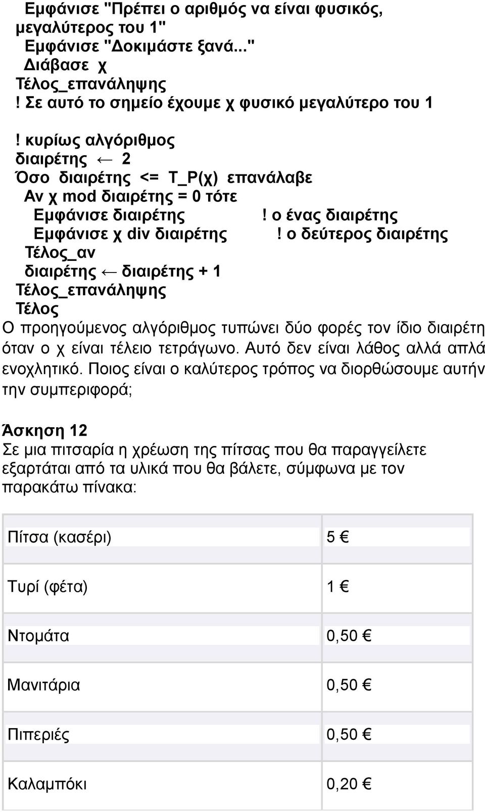 ο δεύτερος διαιρέτης διαιρέτης διαιρέτης + 1 Τέλος Ο προηγούμενος αλγόριθμος τυπώνει δύο φορές τον ίδιο διαιρέτη όταν ο χ είναι τέλειο τετράγωνο. Αυτό δεν είναι λάθος αλλά απλά ενοχλητικό.