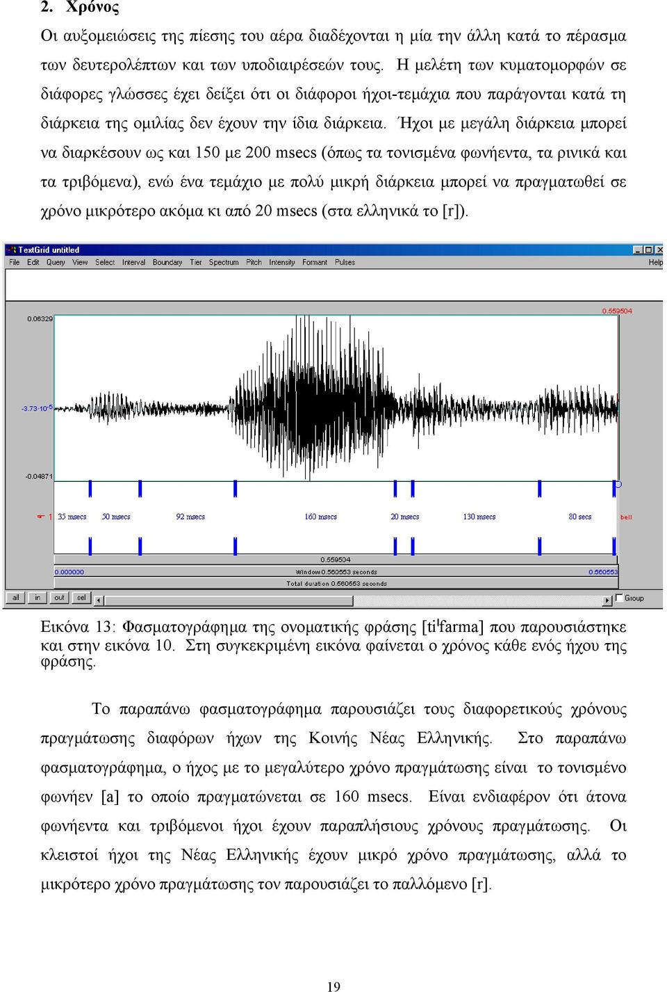 Ήχοι µε µεγάλη διάρκεια µπορεί να διαρκέσουν ως και 150 µε 200 msecs (όπως τα τονισµένα φωνήεντα, τα ρινικά και τα τριβόµενα), ενώ ένα τεµάχιο µε πολύ µικρή διάρκεια µπορεί να πραγµατωθεί σε χρόνο