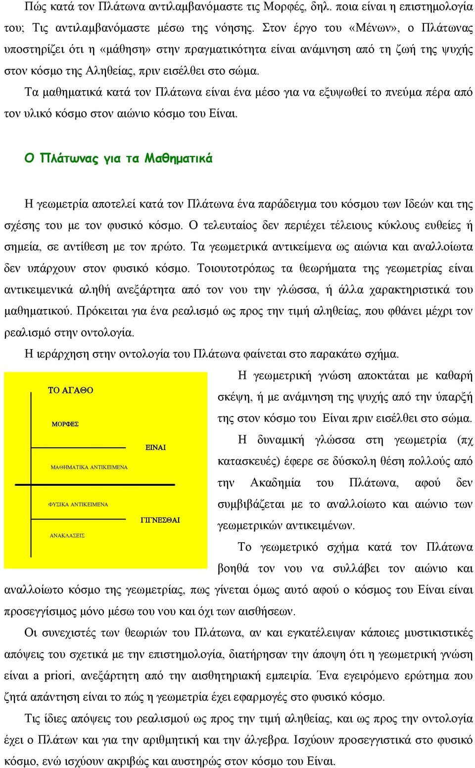 Τα μαθηματικά κατά τον Πλάτωνα είναι ένα μέσο για να εξυψωθεί το πνεύμα πέρα από τον υλικό κόσμο στον αιώνιο κόσμο του Είναι.