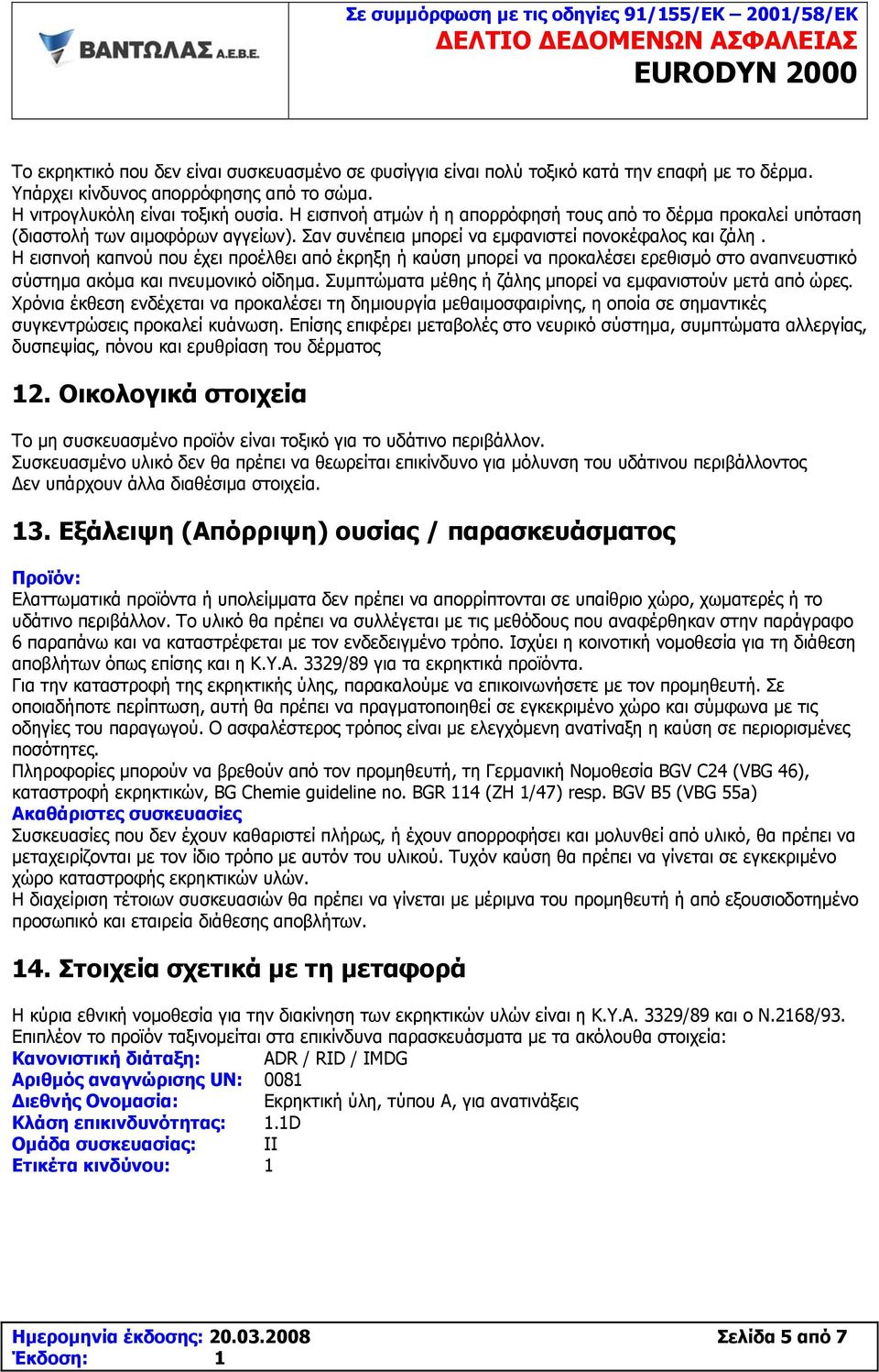 Η εισπνοή καπνού που έχει προέλθει από έκρηξη ή καύση μπορεί να προκαλέσει ερεθισμό στο αναπνευστικό σύστημα ακόμα και πνευμονικό οίδημα. Συμπτώματα μέθης ή ζάλης μπορεί να εμφανιστούν μετά από ώρες.