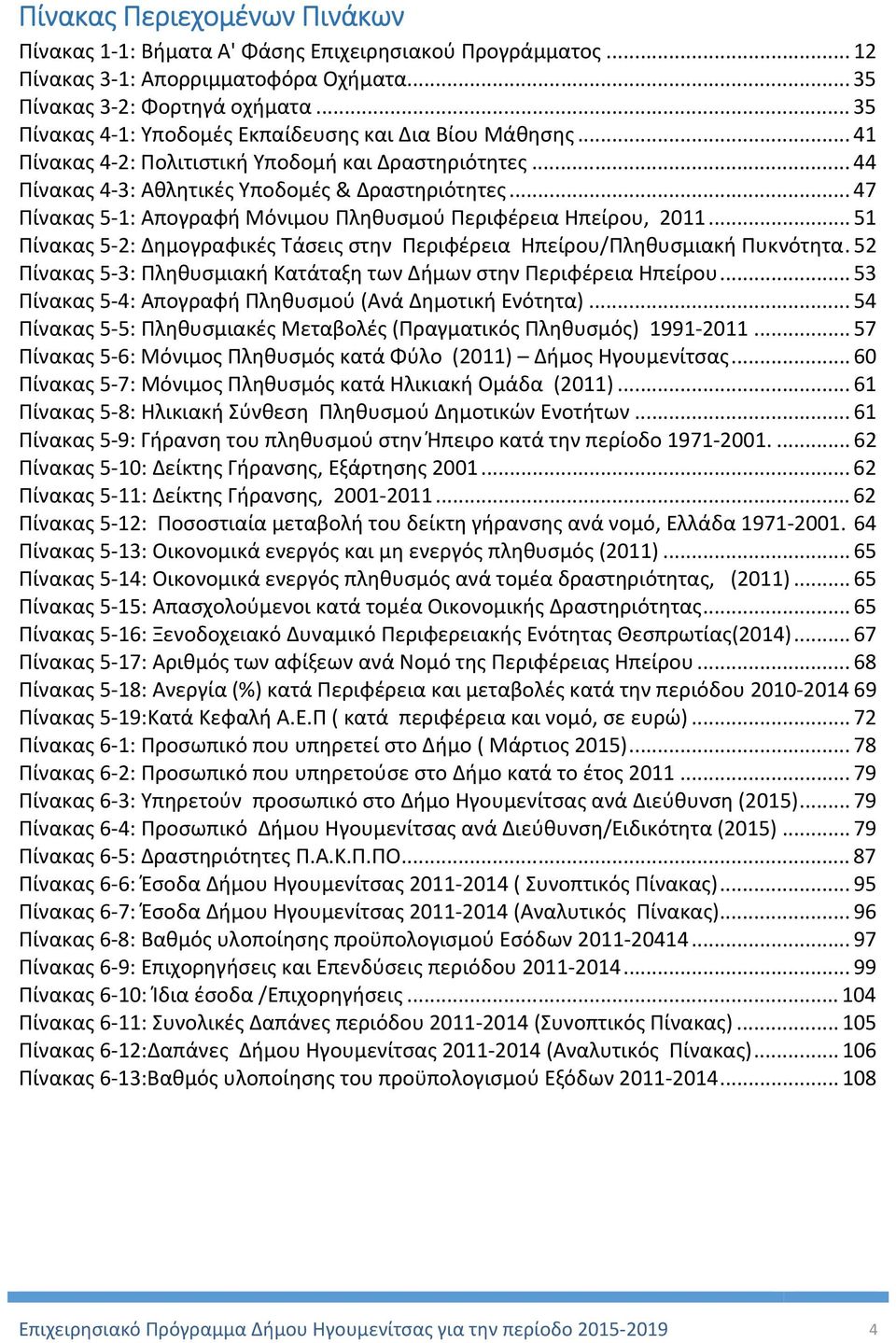 .. 47 Πίνακας 5 1: Απογραφή Μόνιμου Πληθυσμού Περιφέρεια Ηπείρου, 2011... 51 Πίνακας 5 2: Δημογραφικές Τάσεις στην Περιφέρεια Ηπείρου/Πληθυσμιακή Πυκνότητα.