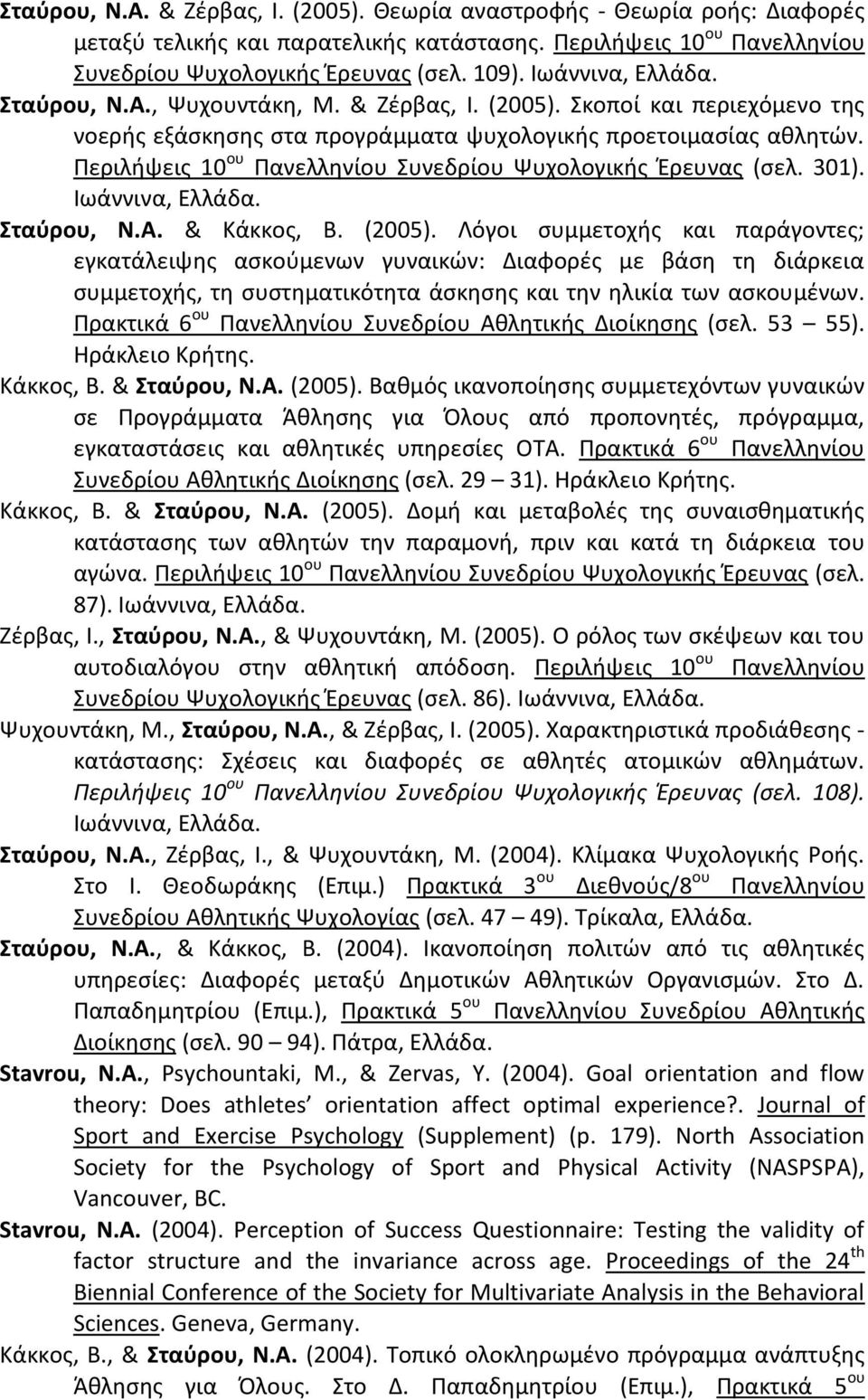 Περιλήψεις 10 ου Πανελληνίου Συνεδρίου Ψυχολογικής Έρευνας (σελ. 301). Ιωάννινα, Ελλάδα. Σταύρου, Ν.Α. & Κάκκος, Β. (2005).