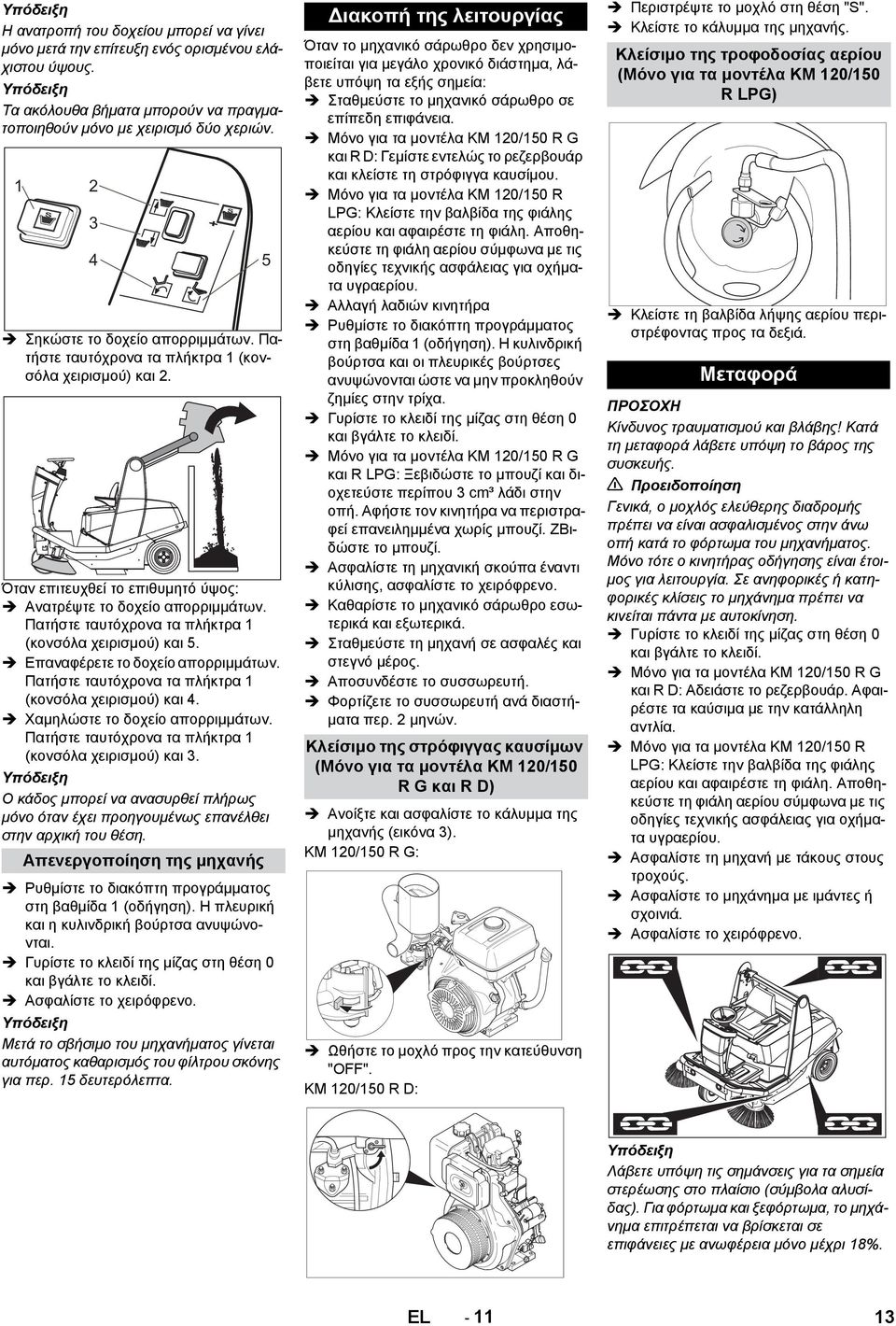 Πατήστε ταυτόχρονα τα πλήκτρα 1 (κονσόλα χειρισμού) και 5. Επαναφέρετε το δοχείο απορριμμάτων. Πατήστε ταυτόχρονα τα πλήκτρα 1 (κονσόλα χειρισμού) και 4. Χαμηλώστε το δοχείο απορριμμάτων.