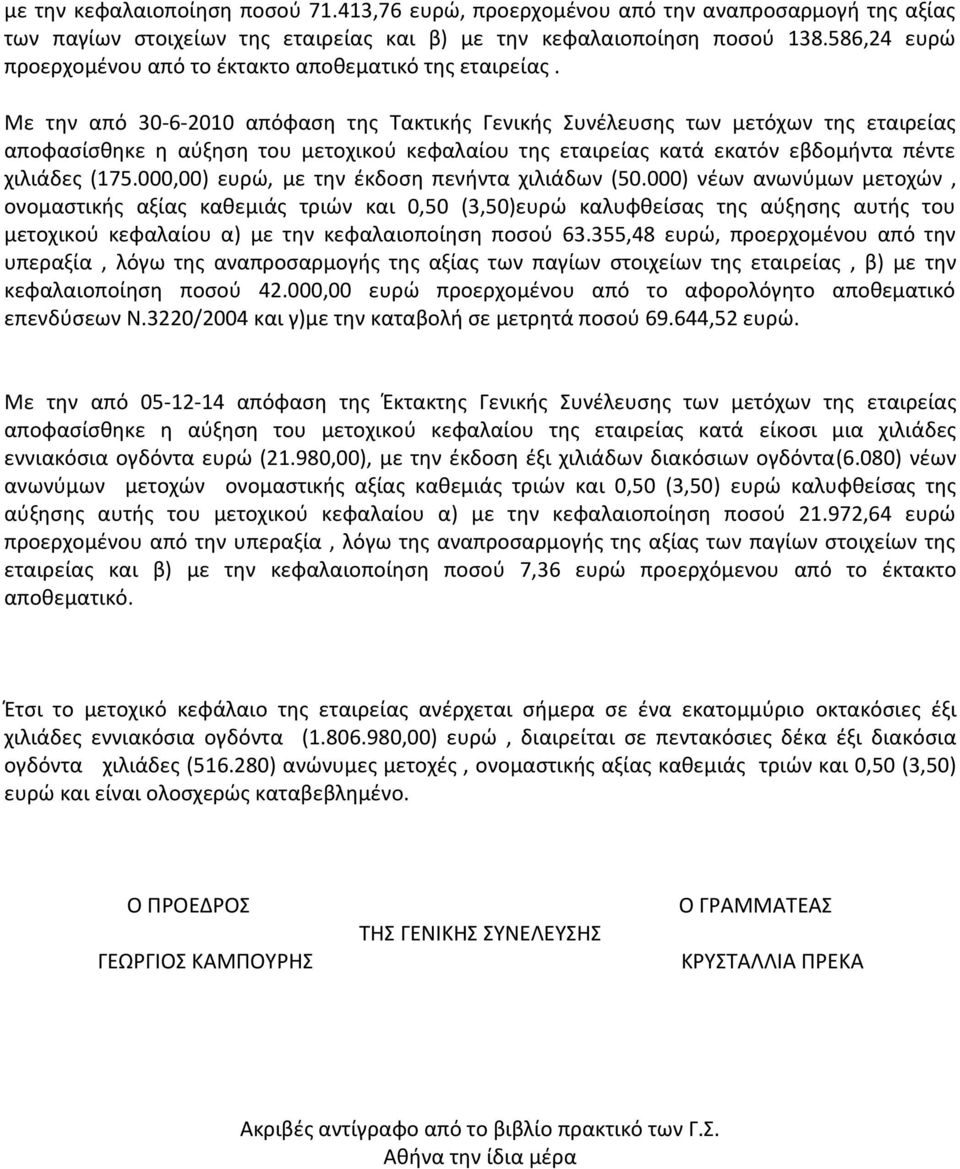 Με την από 30-6-2010 απόφαση της Τακτικής Γενικής Συνέλευσης των μετόχων της εταιρείας αποφασίσθηκε η αύξηση του μετοχικού κεφαλαίου της εταιρείας κατά εκατόν εβδομήντα πέντε χιλιάδες (175.