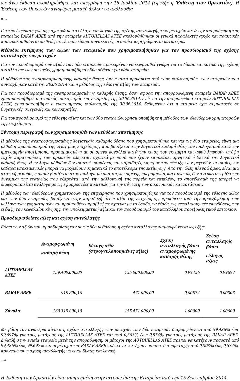 εταιρεία AUTOHELLAS ATEE ακολουθήθηκαν οι γενικά παραδεκτές αρχές και πρακτικές που ακολουθούνται διεθνώς σε τέτοιου είδους συναλλαγές, οι οποίες περιγράφονται κατωτέρω.