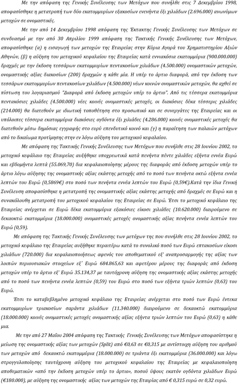 Με την από 14 Δεκεμβρίου 1998 απόφαση της Έκτακτης Γενικής Συνέλευσης των Μετόχων σε συνδυασμό με την από 30 Απριλίου 1999 απόφαση της Τακτικής Γενικής Συνέλευσης των Μετόχων, αποφασίσθηκε (α) η