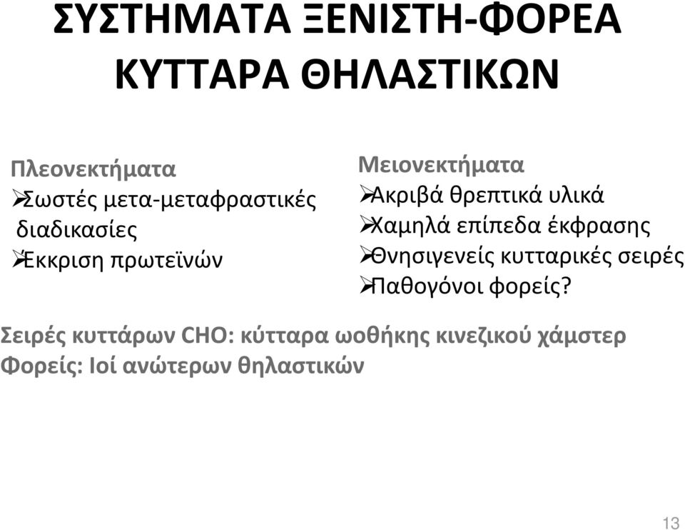 υλικά Χαμηλά επίπεδα έκφρασης Θνησιγενείς κυτταρικές σειρές Παθογόνοι φορείς?