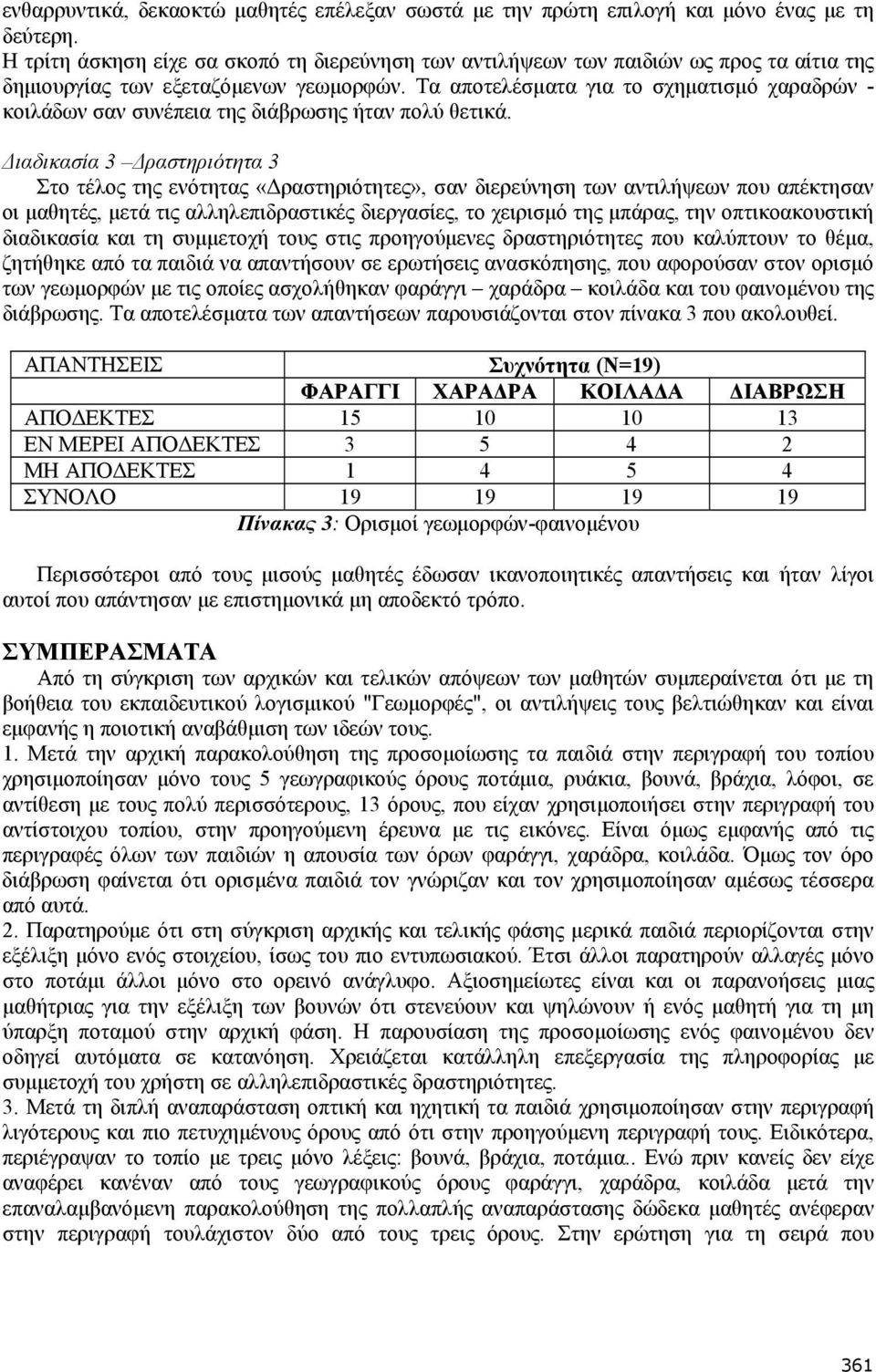 Τα αποτελέσματα για το σχηματισμό χαραδρών - κοιλάδων σαν συνέπεια της διάβρωσης ήταν πολύ θετικά.