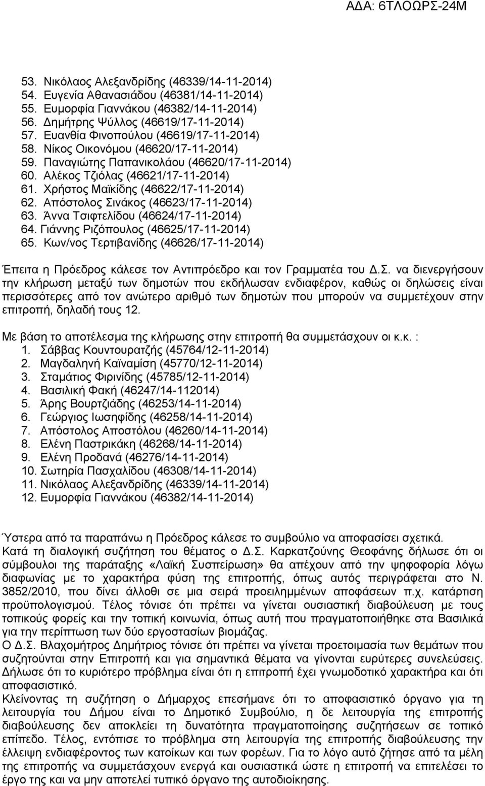 Χρήστος Μαϊκίδης (46622/17-11-2014) 62. Απόστολος Σινάκος (46623/17-11-2014) 63. Άννα Τσιφτελίδου (46624/17-11-2014) 64. Γιάννης Ριζόπουλος (46625/17-11-2014) 65.