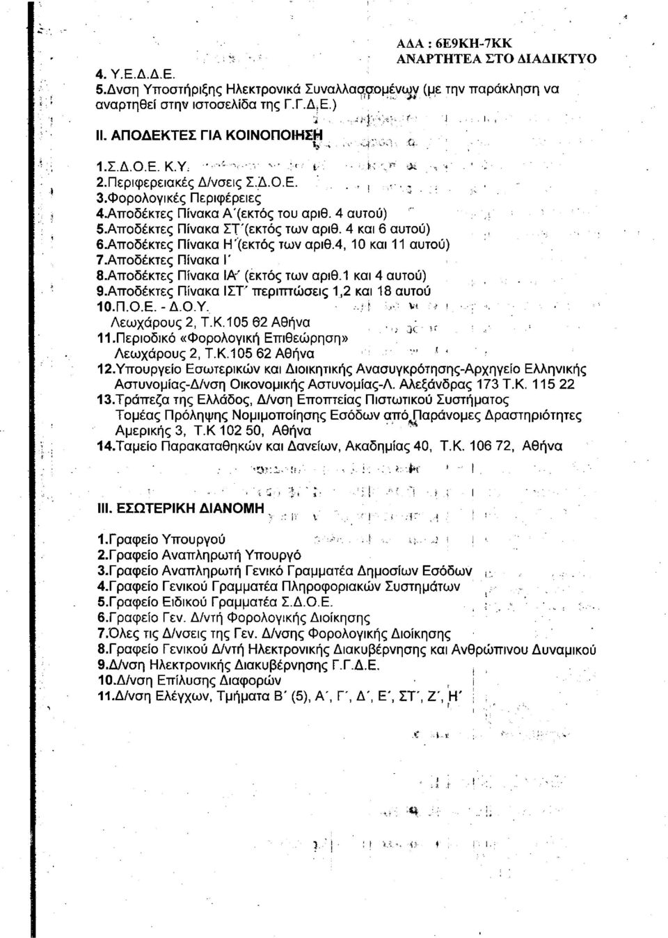 4, 10 και 11 αυτού) 7. Αποδέκτες Πίνακα I' 8. Αποδέκτες Πίνακα ΙΑ~' (εκτός των αριθ.1 και 4 αυτού) 9. Αποδέκτες Πίνακα ΙΣΤ' περιπτώσεις 1,2 και 18 αυτού 10. Π.Ο.Ε. -Δ.Ο.Υ. Λεωχάρους 2, Τ.Κ.