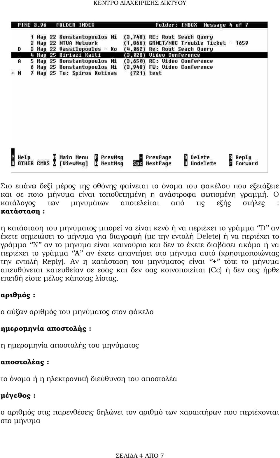 εντολή Delete) ή να περιέχει το γράµµα N αν το µήνυµα είναι καινούριο και δεν το έχετε διαβάσει ακόµα ή να περιέχει το γράµµα A αν έχετε απαντήσει στο µήνυµα αυτό (χρησιµοποιώντας την εντολή Reply).