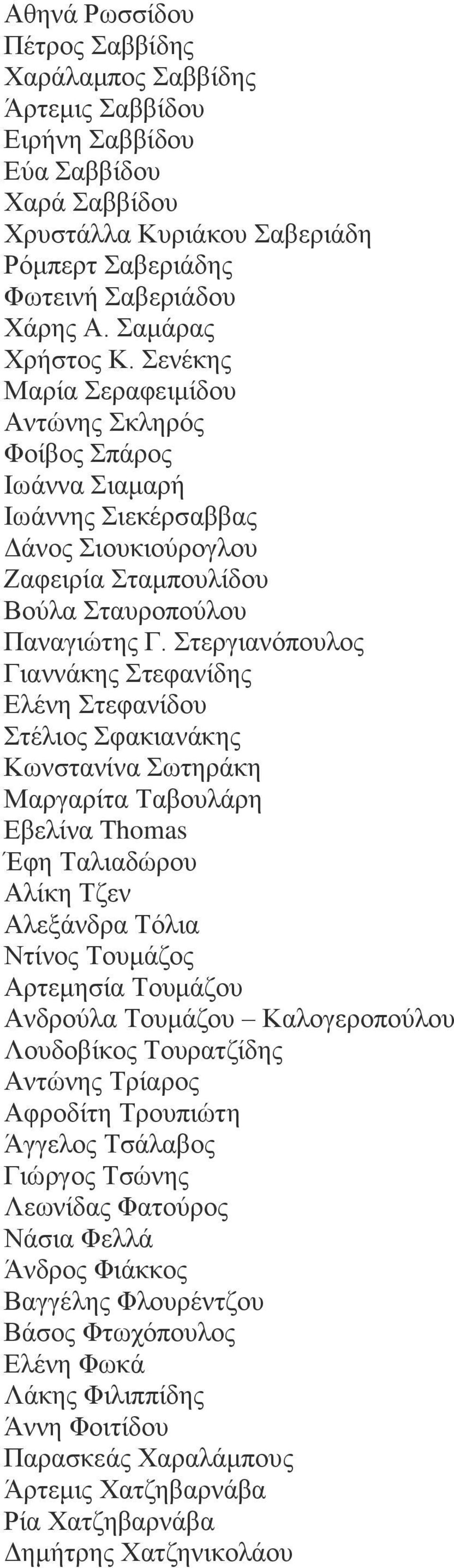 Στεργιανόπουλος Γιαννάκης Στεφανίδης Ελένη Στεφανίδου Στέλιος Σφακιανάκης Κωνστανίνα Σωτηράκη Μαργαρίτα Ταβουλάρη Εβελίνα Thomas Έφη Ταλιαδώρου Αλίκη Τζεν Αλεξάνδρα Τόλια Ντίνος Τουμάζος Αρτεμησία