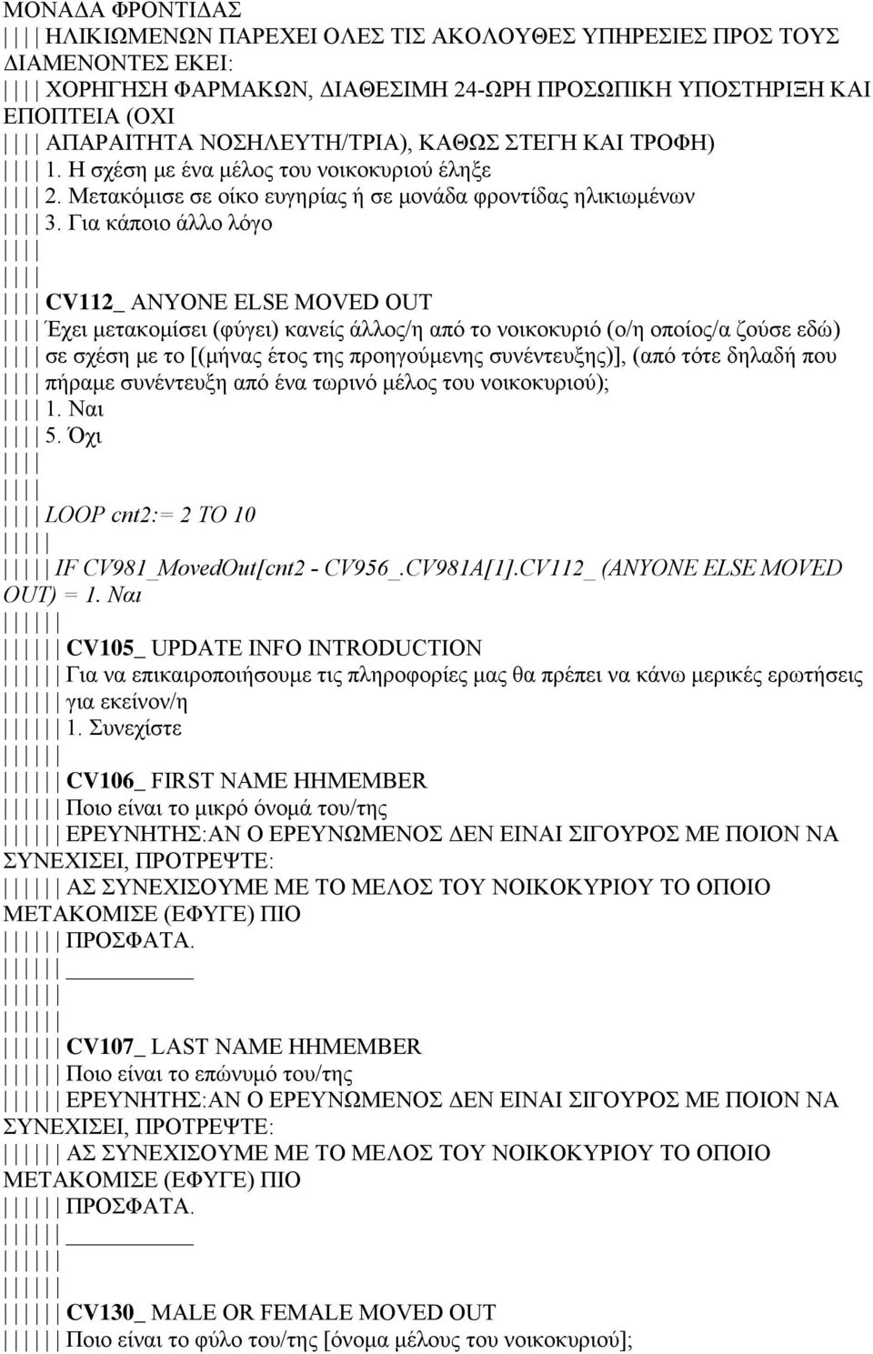 Για κάποιο άλλο λόγο CV112_ ANYONE ELSE MOVED OUT Έχει μετακομίσει (φύγει) κανείς άλλος/η από το νοικοκυριό (ο/η οποίος/α ζούσε εδώ) σε σχέση με το [(μήνας έτος της προηγούμενης συνέντευξης)], (από