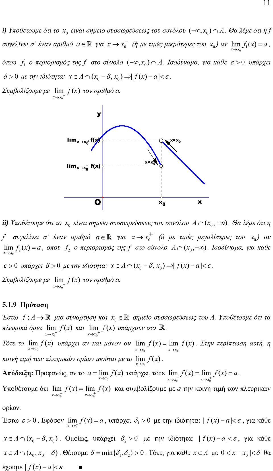 συγκλίνει σ έναν αριθµό R για (ή µε τιµές µεγαλύτερες του ) αν f( ) =, όου f ο εριορισµός της f στο σύνολο A (, ) Ισοδύναµα, για κάθε ε > υάρχει δ > µε την ιδιότητα: A ( δ, ) f( ) < ε Συµβολίζουµε µε
