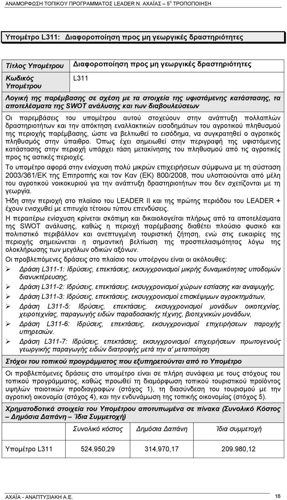 εισοδημάτων του αγροτικού πληθυσμού της περιοχής παρέμβασης, ώστε να βελτιωθεί το εισόδημα, να συγκρατηθεί ο αγροτικός πληθυσμός στην ύπαιθρο.