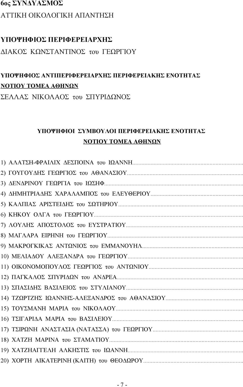 .. 7) ΛΟΥΛΗΣ ΑΠΟΣΤΟΛΟΣ του ΕΥΣΤΡΑΤΙΟΥ... 8) ΜΑΓΛΑΡΑ ΕΙΡΗΝΗ του ΓΕΩΡΓΙΟΥ... 9) ΜΑΚΡΟΓΚΙΚΑΣ ΑΝΤΩΝΙΟΣ του ΕΜΜΑΝΟΥΗΛ... 10) ΜΕΛΙΑΔΟΥ ΑΛΕΞΑΝΔΡΑ του ΓΕΩΡΓΙΟΥ... 11) ΟΙΚΟΝΟΜΟΠΟΥΛΟΣ ΓΕΩΡΓΙΟΣ του ΑΝΤΩΝΙΟΥ.