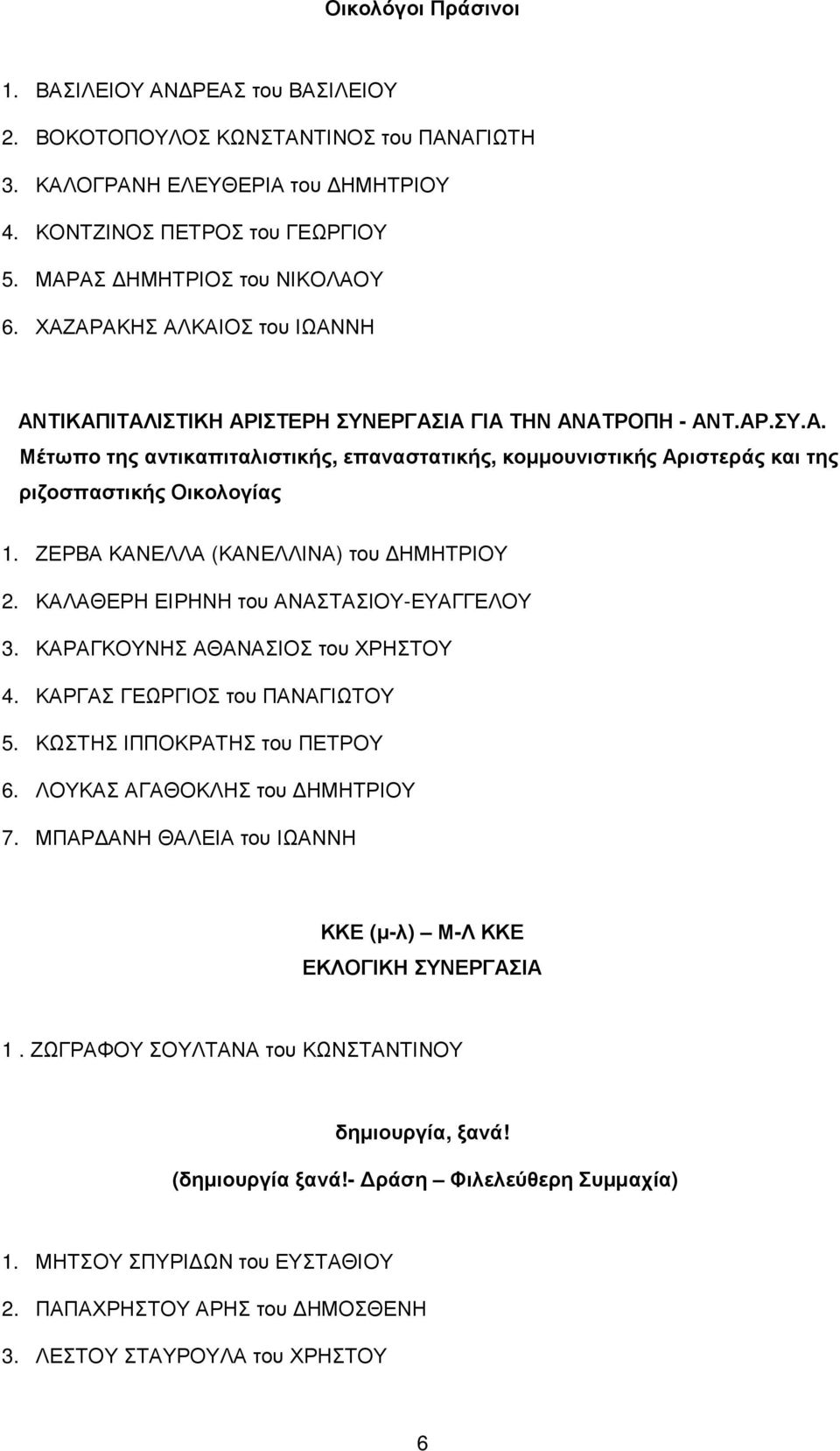 ΖΕΡΒΑ ΚΑΝΕΛΛΑ (ΚΑΝΕΛΛΙΝΑ) του ΗΜΗΤΡΙΟΥ 2. ΚΑΛΑΘΕΡΗ ΕΙΡΗΝΗ του ΑΝΑΣΤΑΣΙΟΥ-ΕΥΑΓΓΕΛΟΥ 3. ΚΑΡΑΓΚΟΥΝΗΣ ΑΘΑΝΑΣΙΟΣ του ΧΡΗΣΤΟΥ 4. ΚΑΡΓΑΣ ΓΕΩΡΓΙΟΣ του ΠΑΝΑΓΙΩΤΟΥ 5. ΚΩΣΤΗΣ ΙΠΠΟΚΡΑΤΗΣ του ΠΕΤΡΟΥ 6.