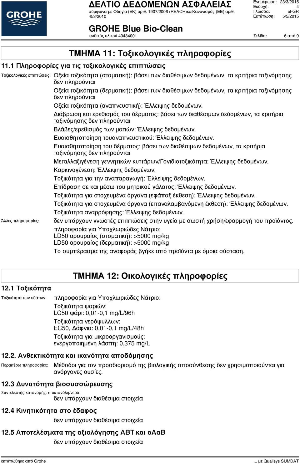 τοξικότητα (δερµατική): βάσει των διαθέσιµων δεδοµένων, τα κριτήρια ταξινόµησης δεν πληρούνται Οξεία τοξικότητα (αναπνευστική): Έλλειψης δεδοµένων.