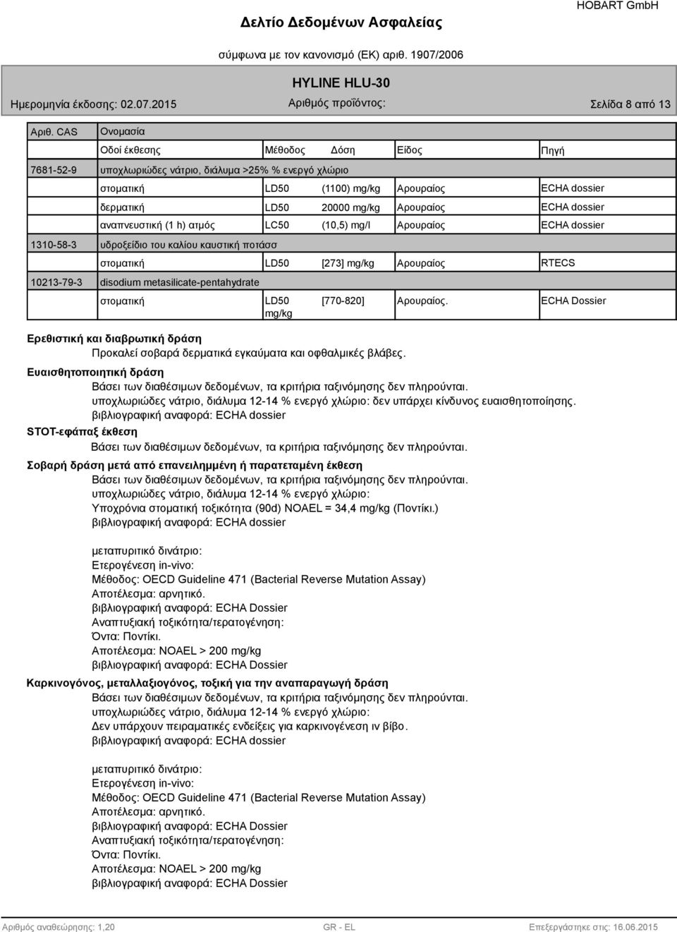 ECHA dossier αναπνευστική (1 h) ατμός LC50 (10,5) mg/l Αρουραίος ECHA dossier 1310-58-3 υδροξείδιο του καλίου καυστική ποτάσσ στοματική LD50 [273] mg/kg Αρουραίος RTECS 10213-79-3 disodium