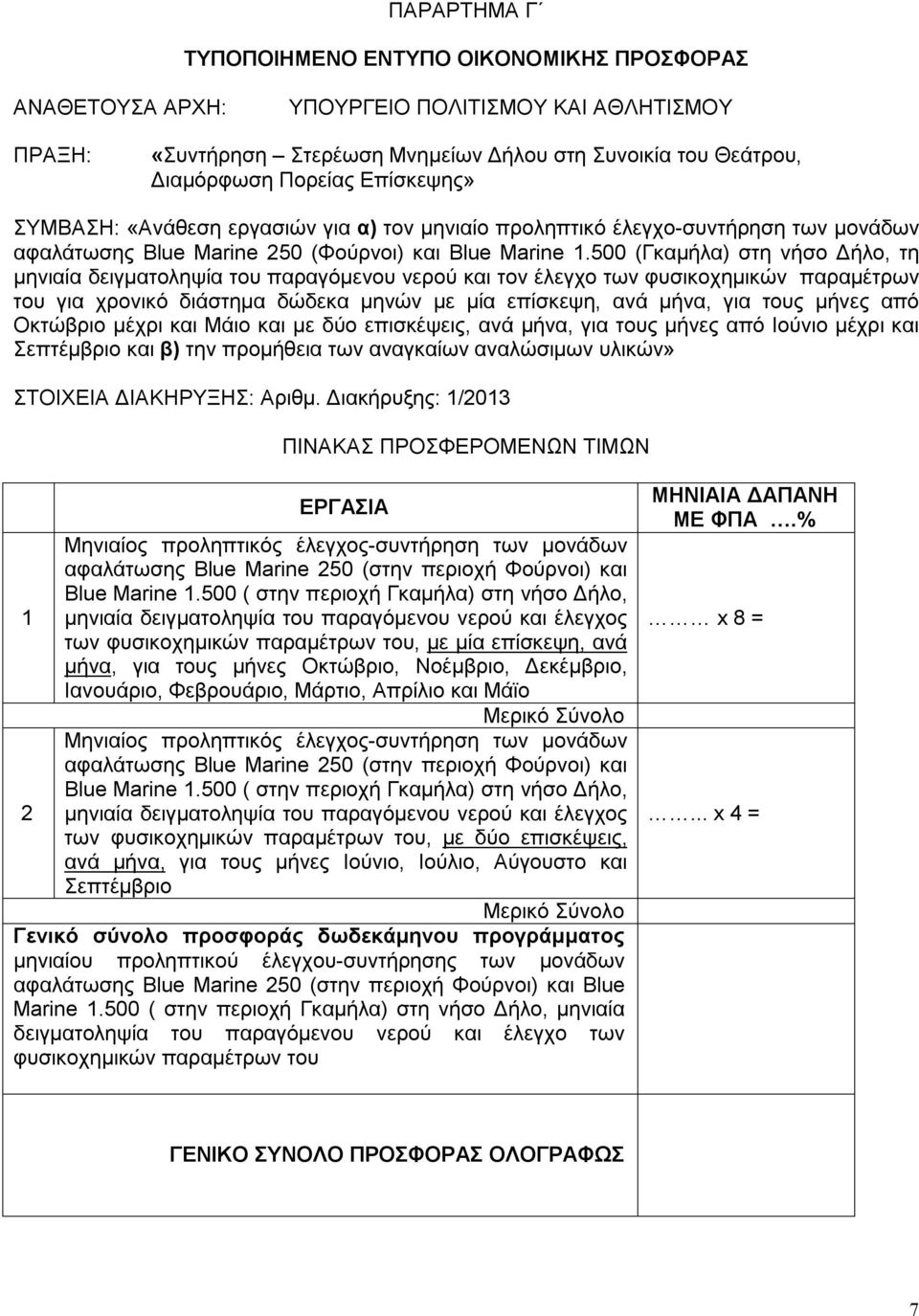 500 (Γκαμήλα) στη νήσο Δήλο, τη μηνιαία δειγματοληψία του παραγόμενου νερού και τον έλεγχο των φυσικοχημικών παραμέτρων του για χρονικό διάστημα δώδεκα μηνών με μία επίσκεψη, ανά μήνα, για τους μήνες