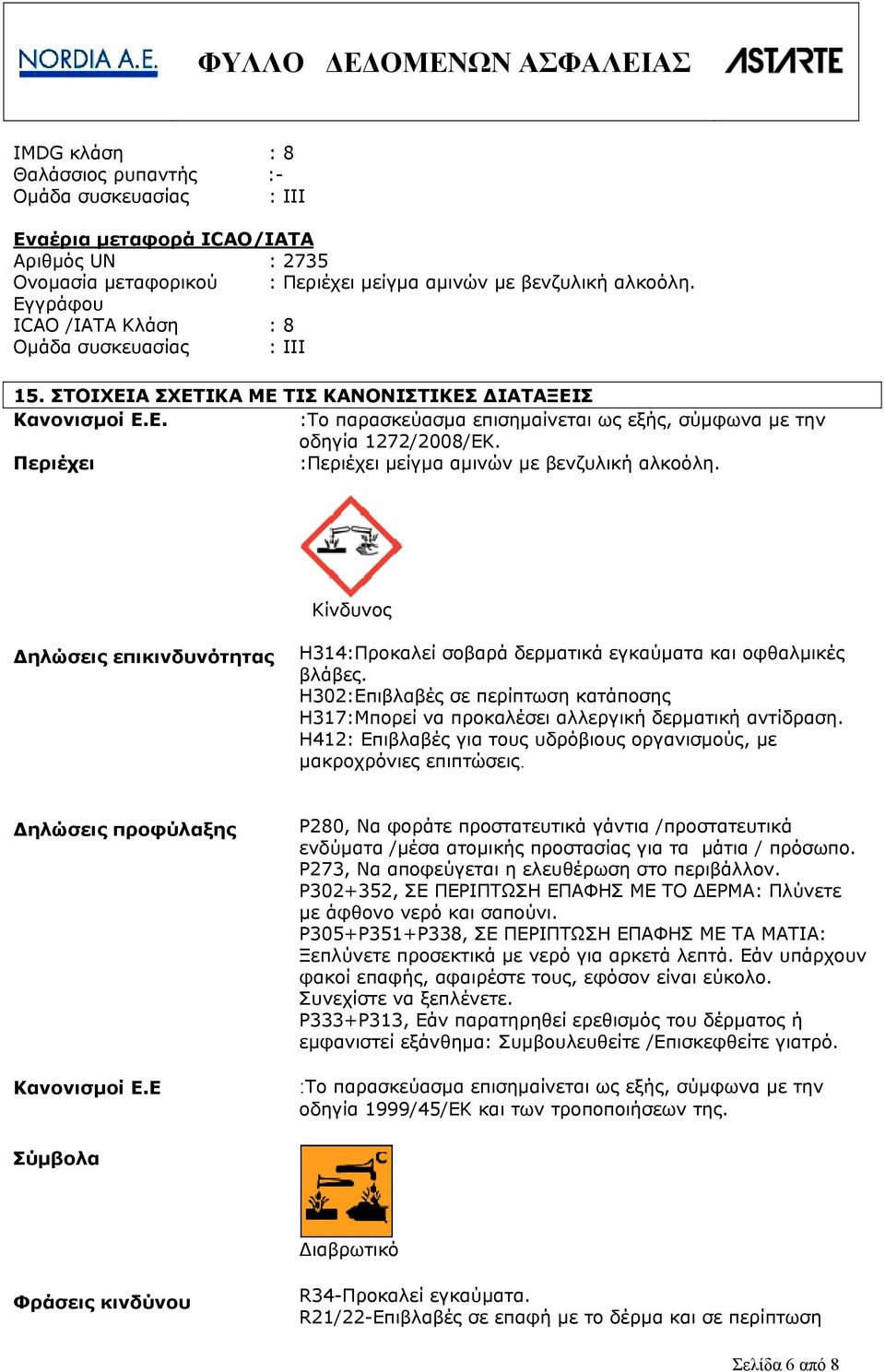 Περιέχει :Περιέχει μείγμα αμινών με βενζυλική αλκοόλη. Κίνδυνος ηλώσεις επικινδυνότητας H314:Προκαλεί σοβαρά δερματικά εγκαύματα και οφθαλμικές βλάβες.