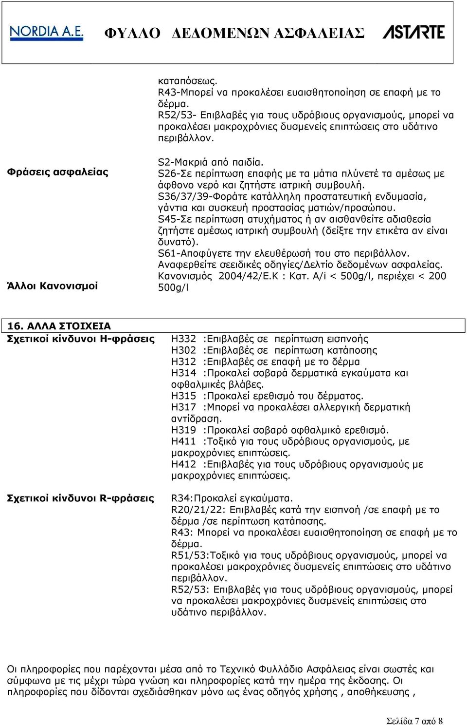 S26-Σε περίπτωση επαφής με τα μάτια πλύνετέ τα αμέσως με άφθονο νερό και ζητήστε ιατρική συμβουλή. S36/37/39-Φοράτε κατάλληλη προστατευτική ενδυμασία, γάντια και συσκευή προστασίας ματιών/προσώπου.