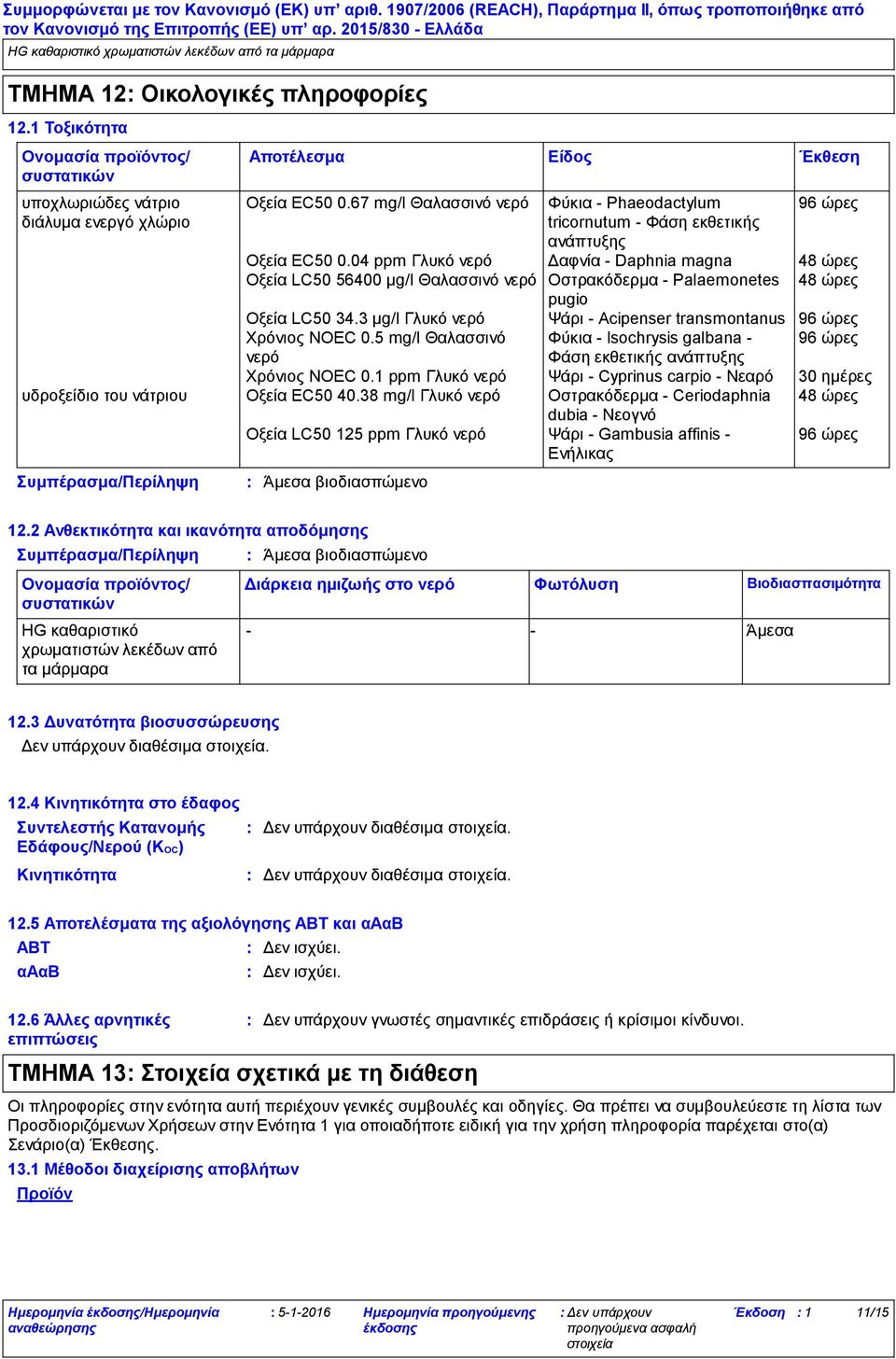 04 ppm Γλυκό νερό Δαφνία - Daphnia magna 48 ώρες Οξεία LC50 56400 µg/l Θαλασσινό νερό Οστρακόδερμα - Palaemonetes 48 ώρες pugio Οξεία LC50 34.