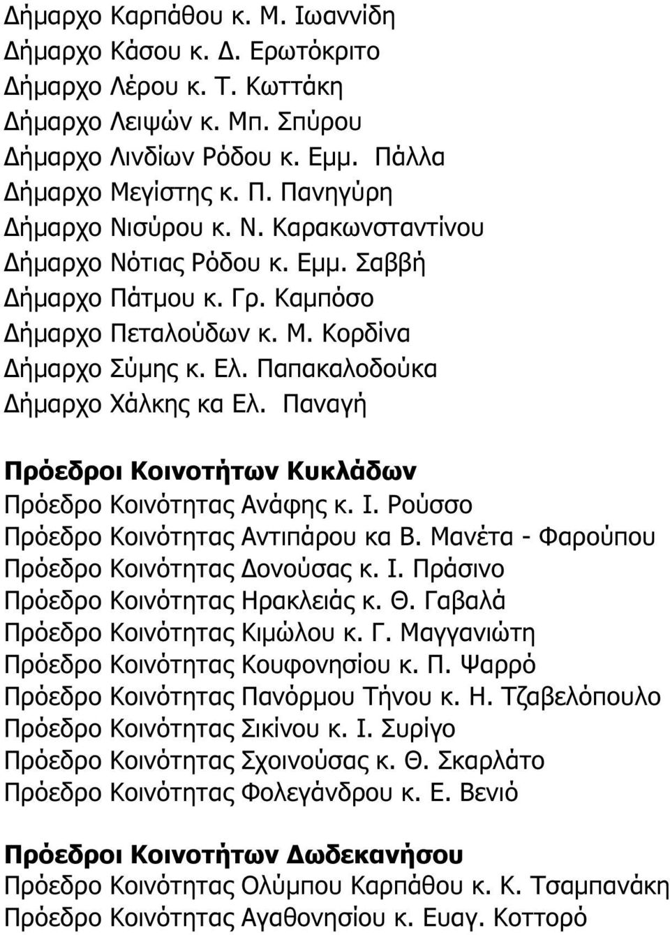 Παναγή Πρόεδροι Κοινοτήτων Κυκλάδων Πρόεδρο Κοινότητας Ανάφης κ. Ι. Ρούσσο Πρόεδρο Κοινότητας Αντιπάρου κα Β. Μανέτα - Φαρούπου Πρόεδρο Κοινότητας ονούσας κ. Ι. Πράσινο Πρόεδρο Κοινότητας Ηρακλειάς κ.