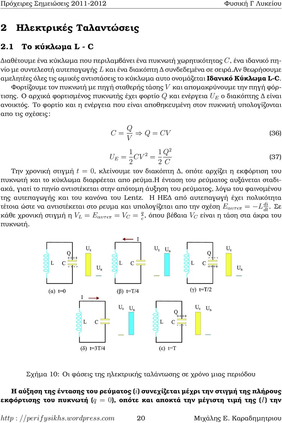 Ο αρχικά ϕορτισµένος πυκνωτής έχει ϕορτίο Q και ενέργεια U E ο διακόπτης είναι ανοικτός. Το ϕορτίο και η ενέργεια που είναι αποθηκευµένη στον πυκνωτή υπολογίζονται απο τις σχέσεις : -4 C (.. 2) L.