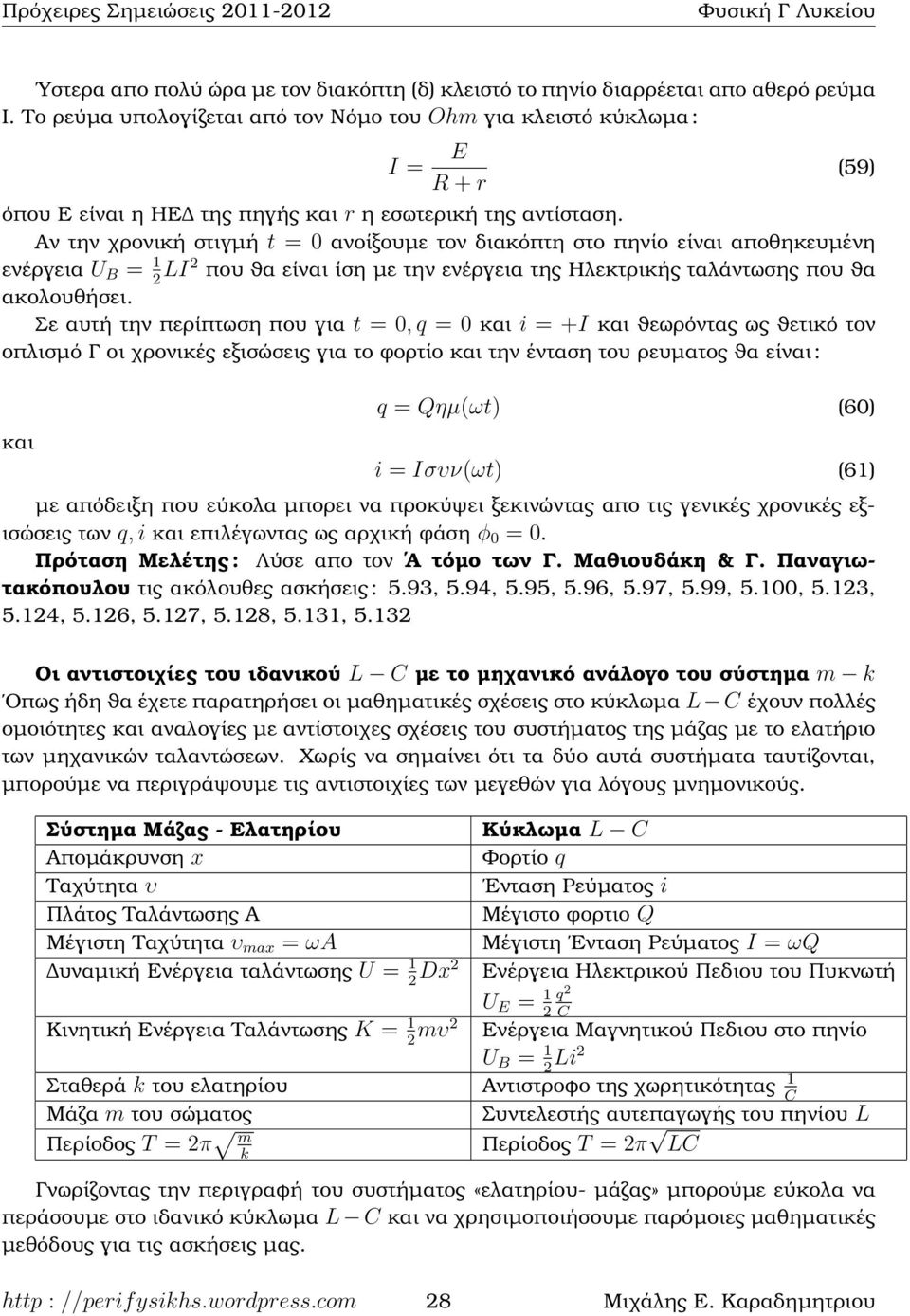 Αν την χρονική στιγµή t = 0 ανοίξουµε τον διακόπτη στο πηνίο είναι αποθηκευµένη ενέργεια U B = 1 2 LI2 που ϑα είναι ίση µε την ενέργεια της Ηλεκτρικής ταλάντωσης που ϑα ακολουθήσει.