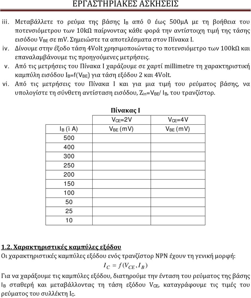 Από τις μετρήσεις του Πίνακα Ι χαράζουμε σε χαρτί millimetre τη χαρακτηριστική καμπύλη εισόδου IB=f(VBE) για τάση εξόδου 2 και 4Volt. vi.
