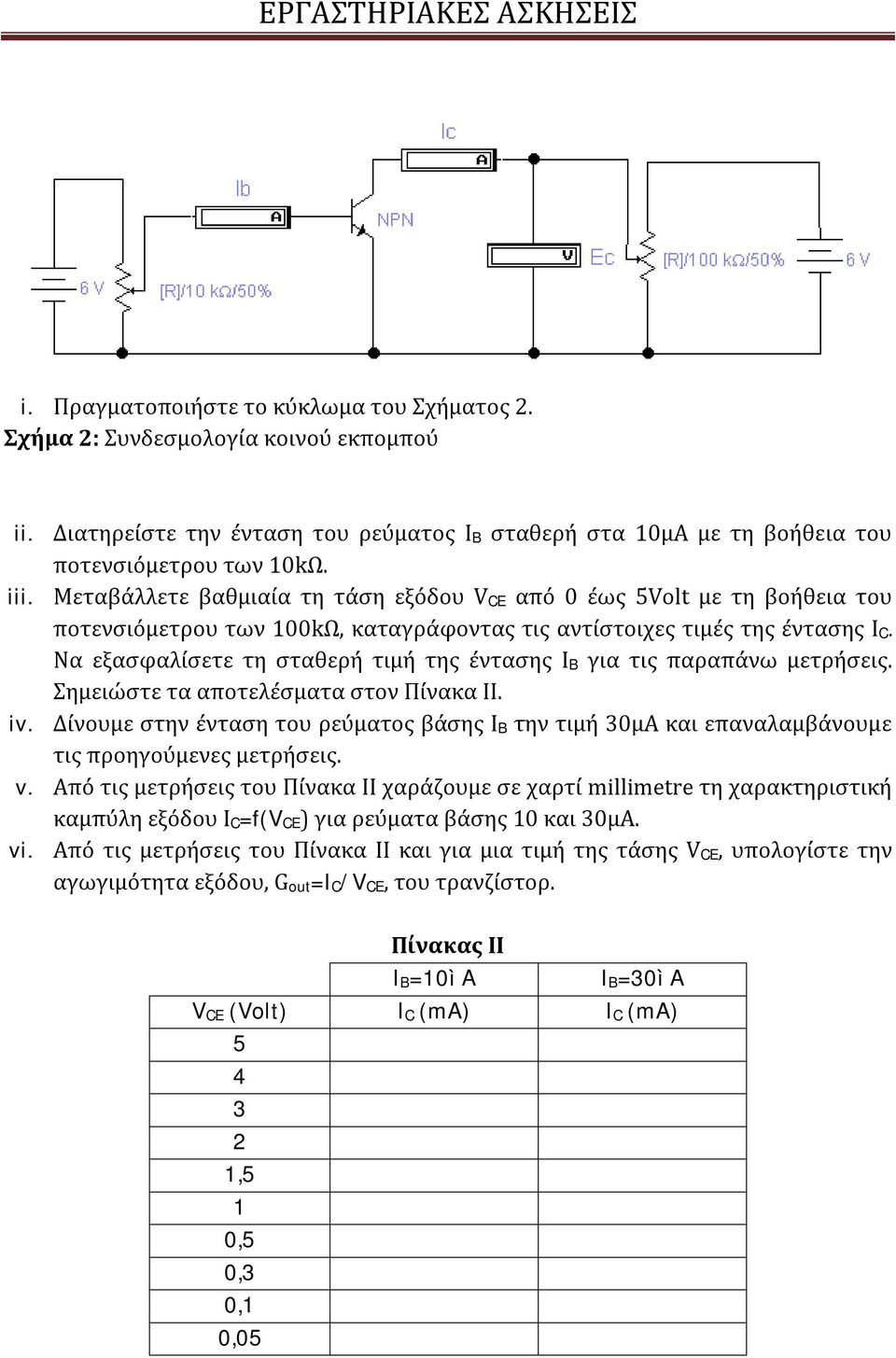 Να εξασφαλίσετε τη σταθερή τιμή της έντασης IB για τις παραπάνω μετρήσεις. Σημειώστε τα αποτελέσματα στον Πίνακα ΙΙ. iv.