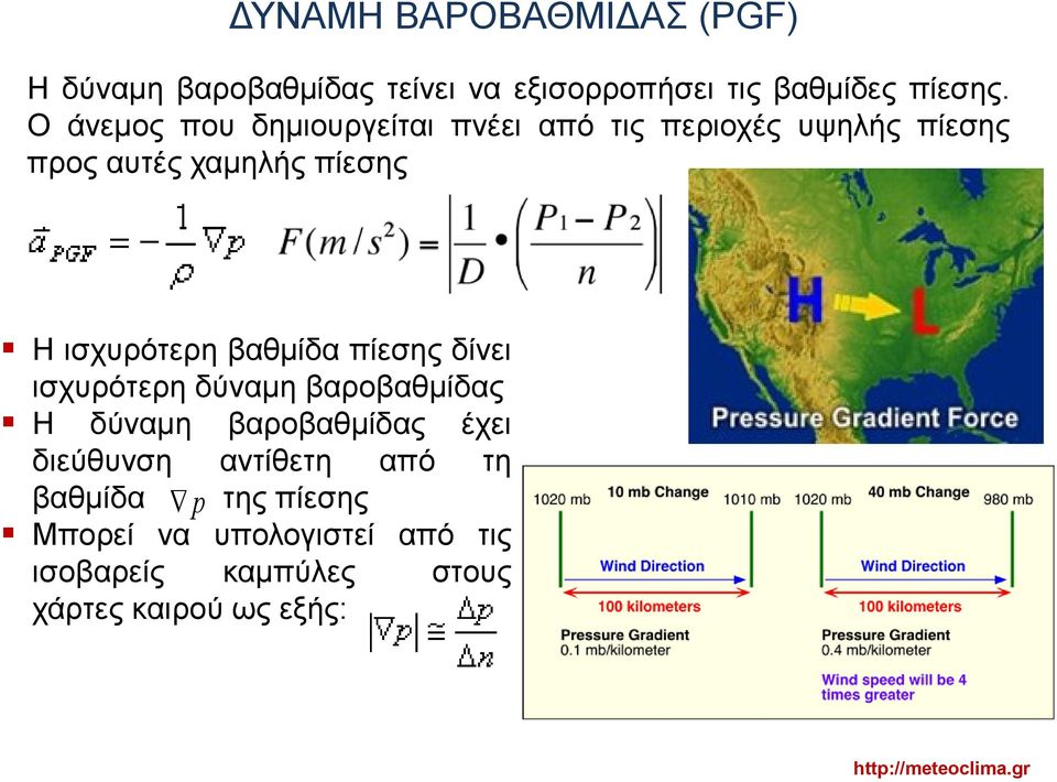 ισχυρότερη βαθμίδα πίεσης δίνει ισχυρότερη δύναμη βαροβαθμίδας Η δύναμη βαροβαθμίδας έχει διεύθυνση