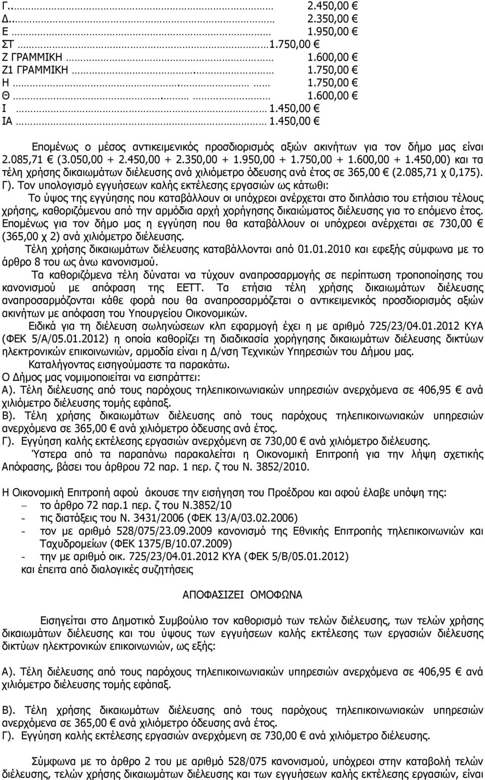 450,00) και τα τέλη χρήσης δικαιωµάτων διέλευσης ανά χιλιόµετρο όδευσης ανά έτος σε 365,00 (2.085,71 χ 0,175). Γ).